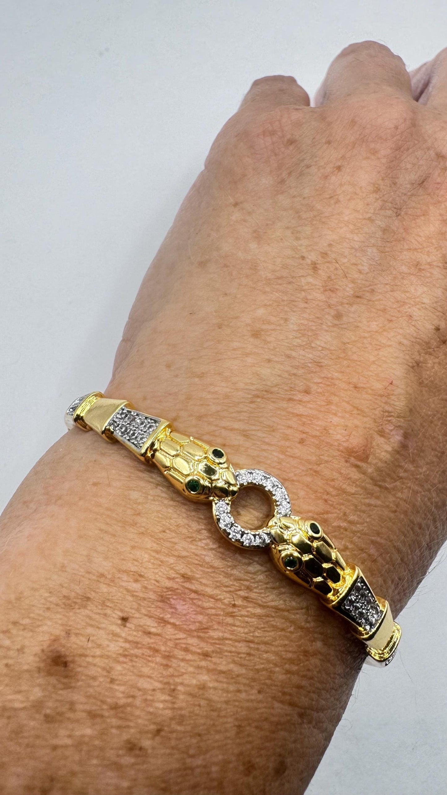 Vintage Snake Bangle Bracelet Gold filled Green Crystal Eyes