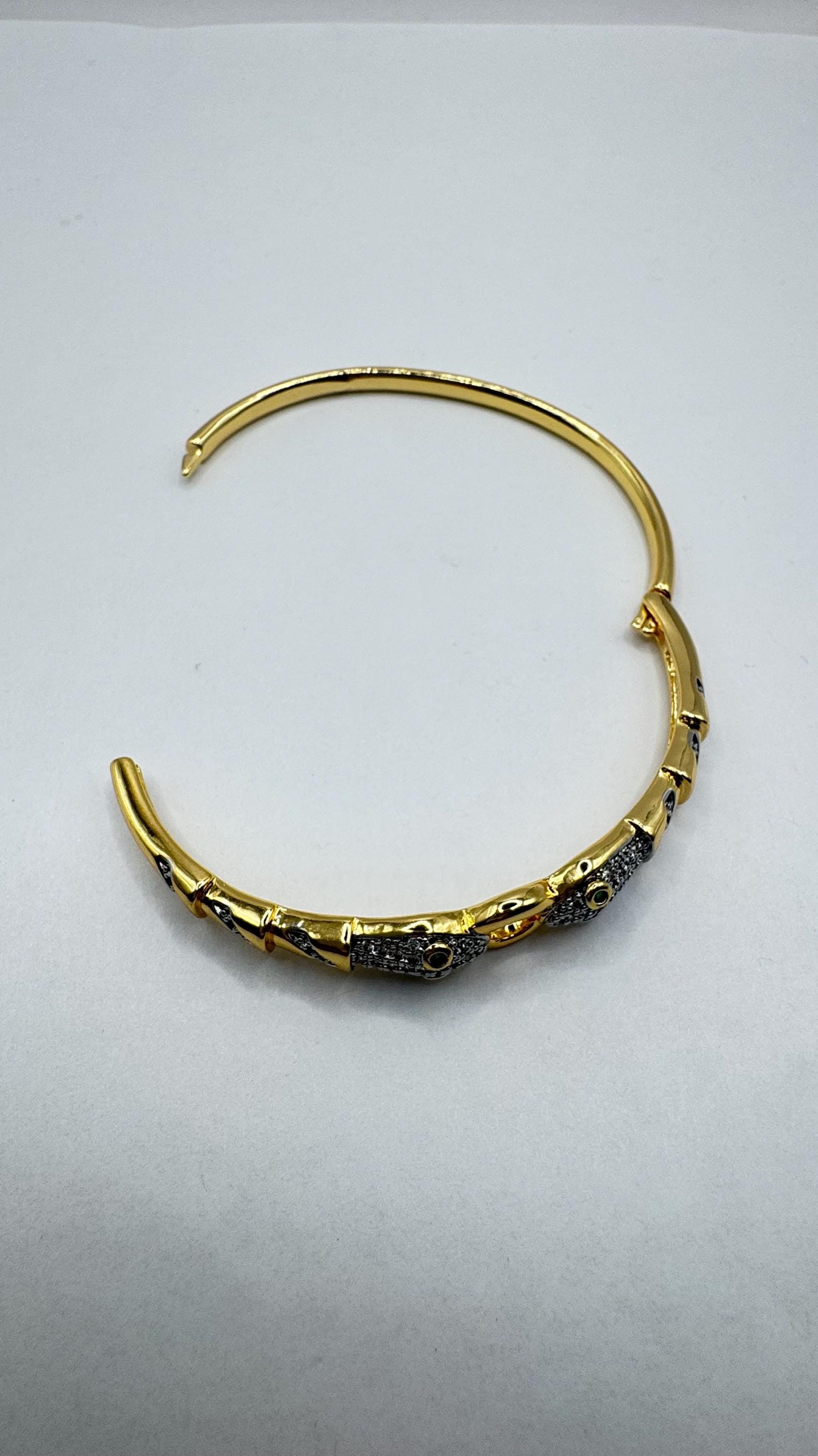 Vintage Snake Bangle Bracelet Gold filled Green Crystal Eyes