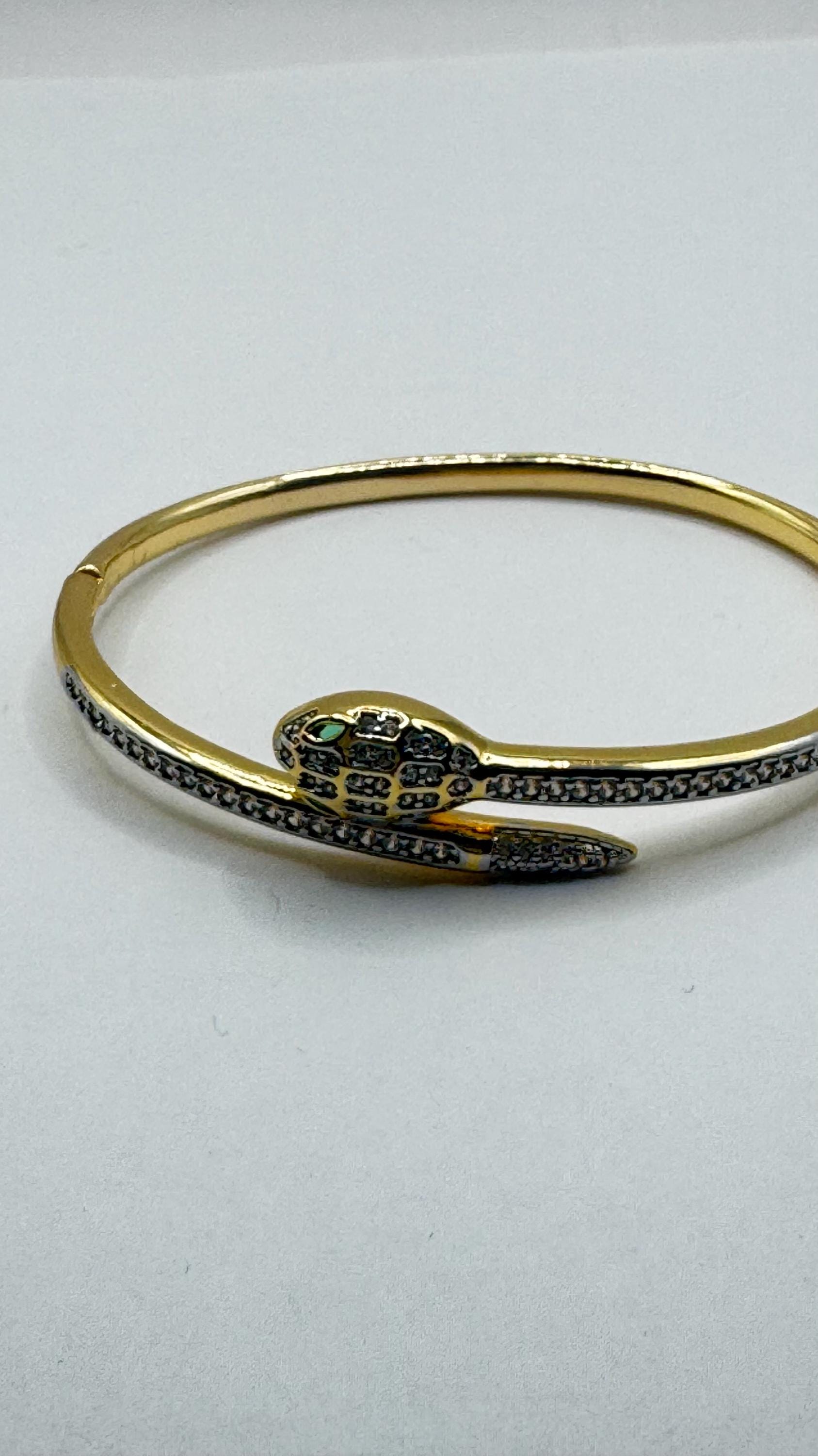 Vintage Snake Bangle Bracelet Gold filled Green Crystal Eyes