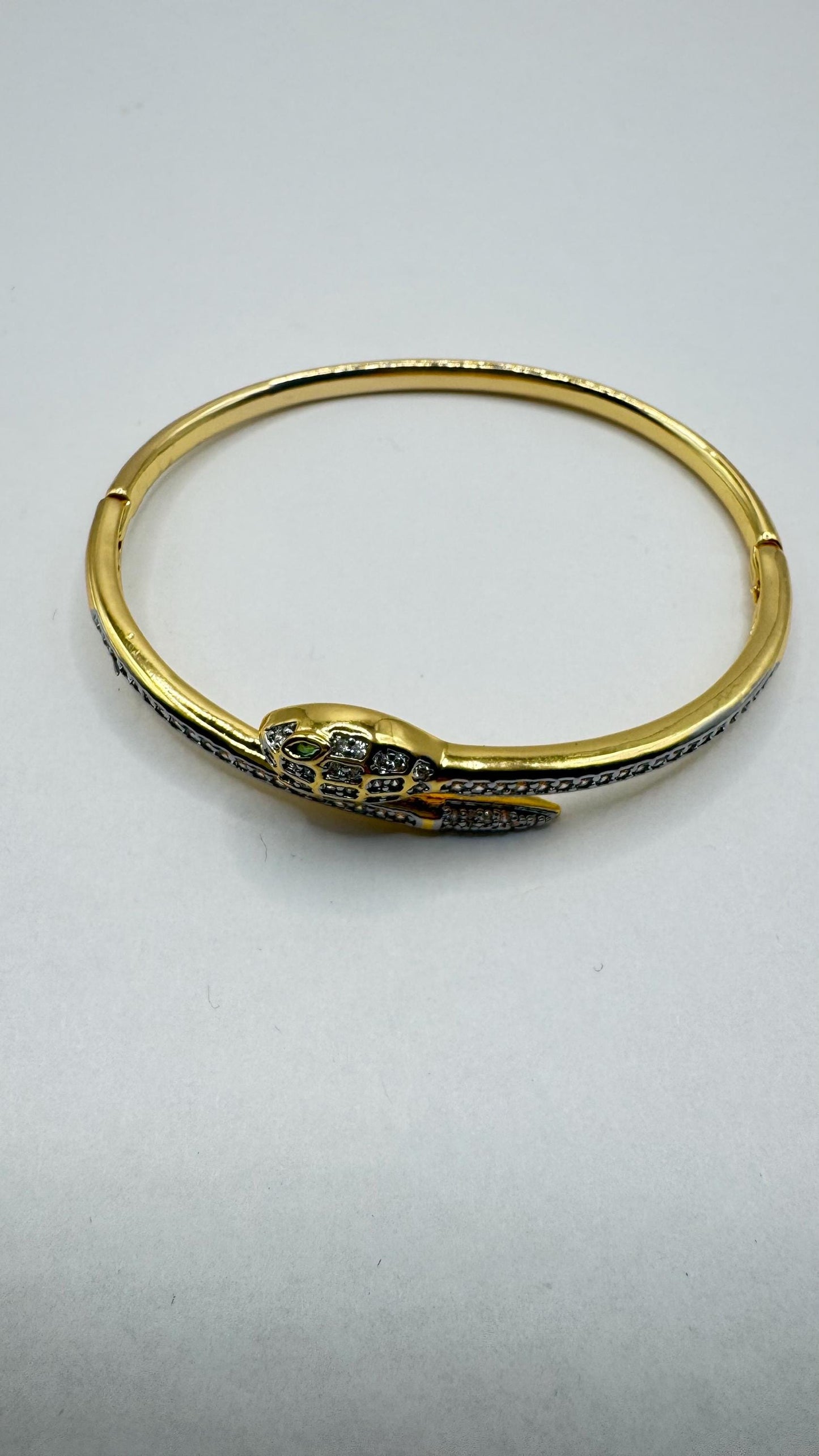 Vintage Snake Bangle Bracelet Gold filled Green Crystal Eyes