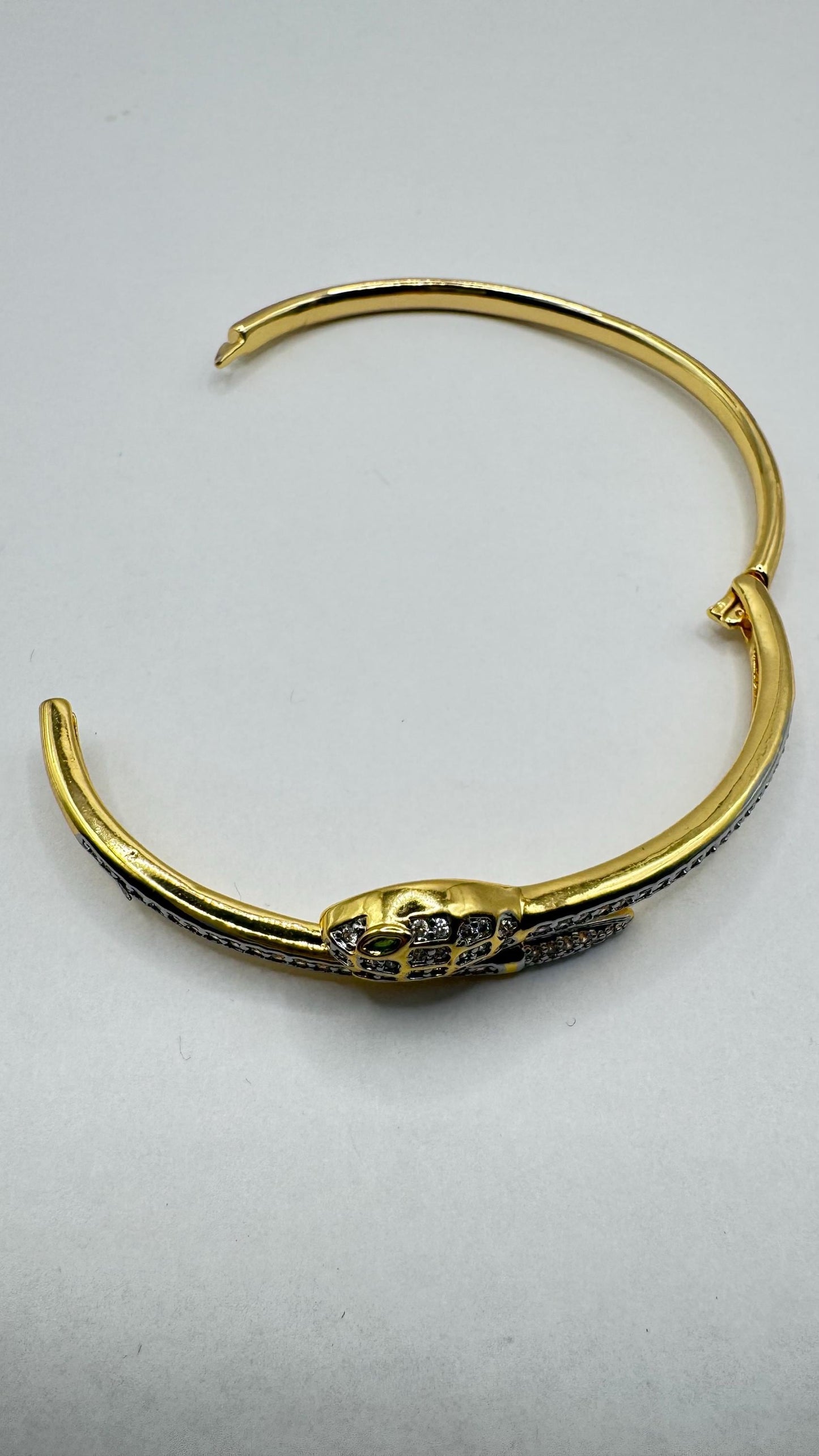 Vintage Snake Bangle Bracelet Gold filled Green Crystal Eyes