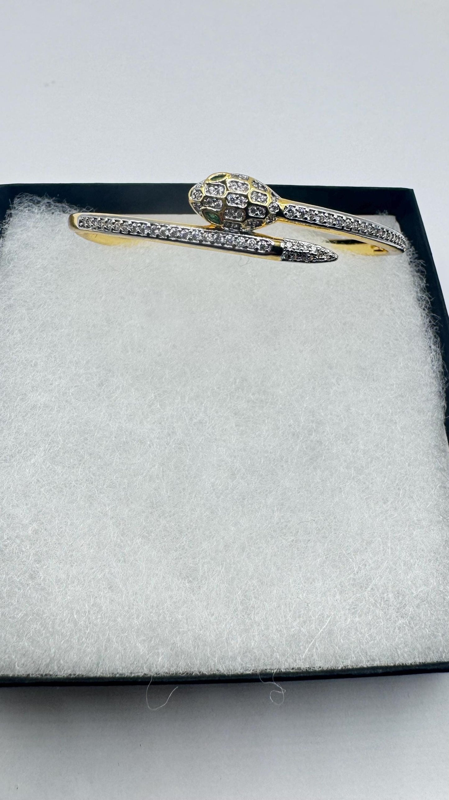 Vintage Snake Bangle Bracelet Gold filled Green Crystal Eyes