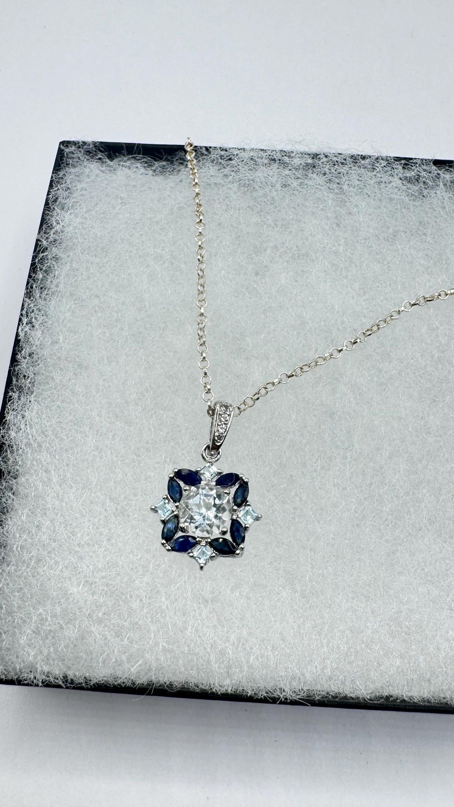 Vintage Aquamarine Blue Sapphire 925 Sterling Silver Pendant Necklace