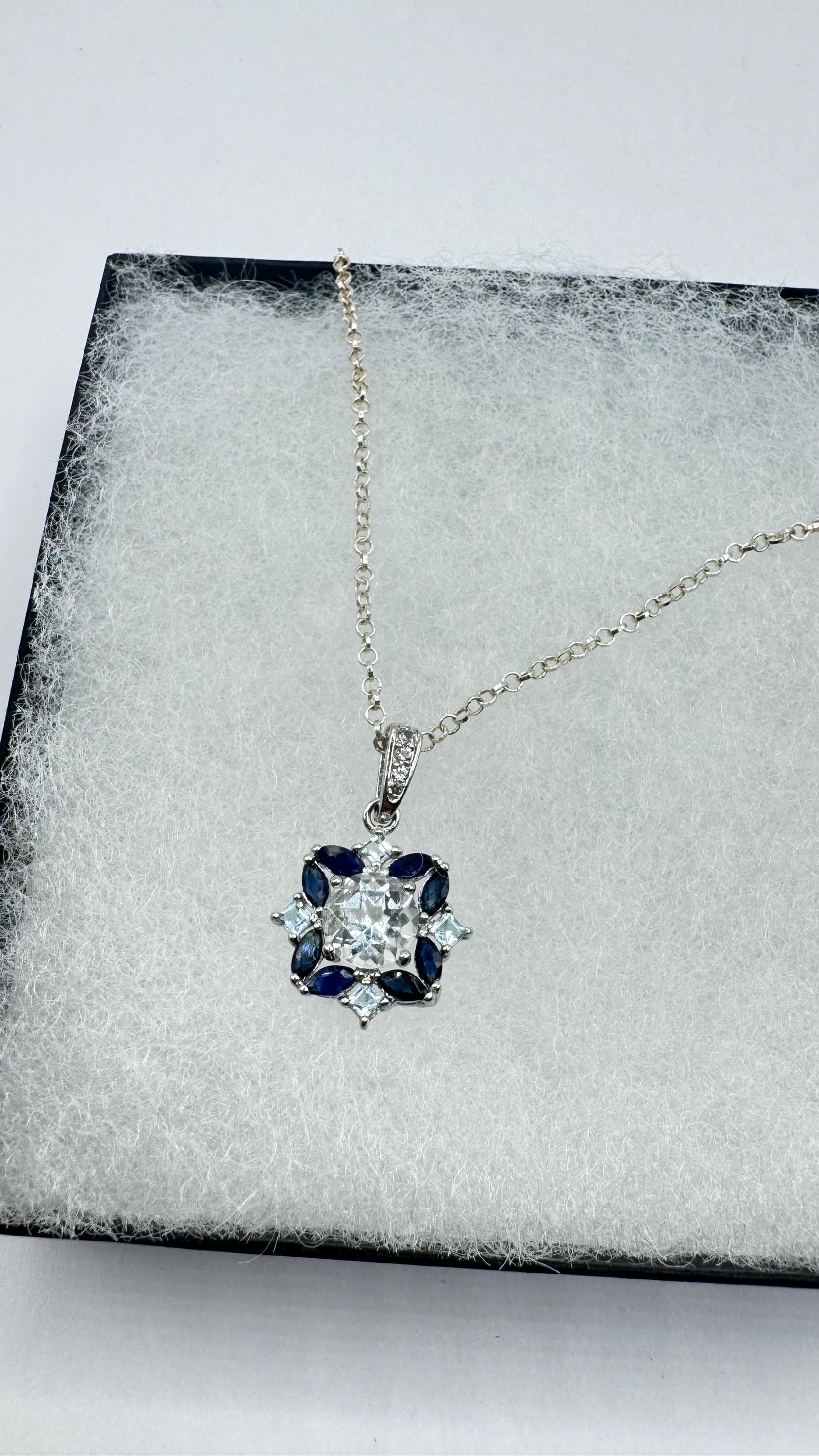 Vintage Aquamarine Blue Sapphire 925 Sterling Silver Pendant Necklace