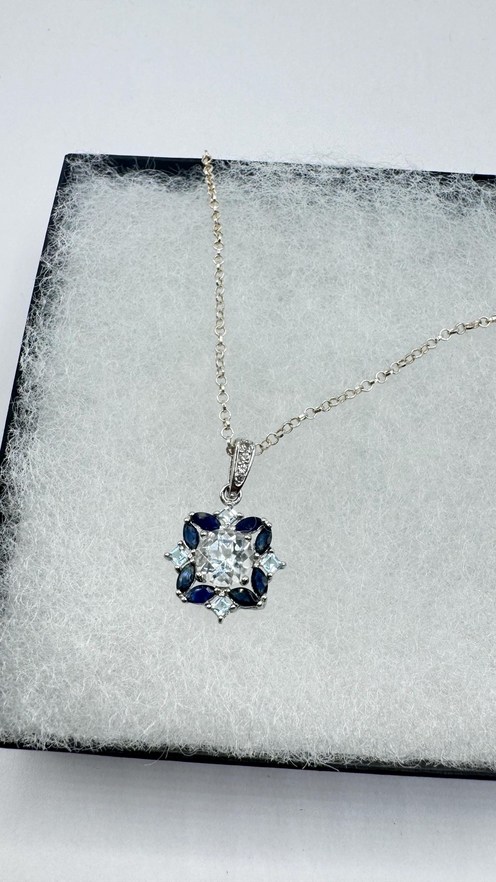 Vintage Aquamarine Blue Sapphire 925 Sterling Silver Pendant Necklace