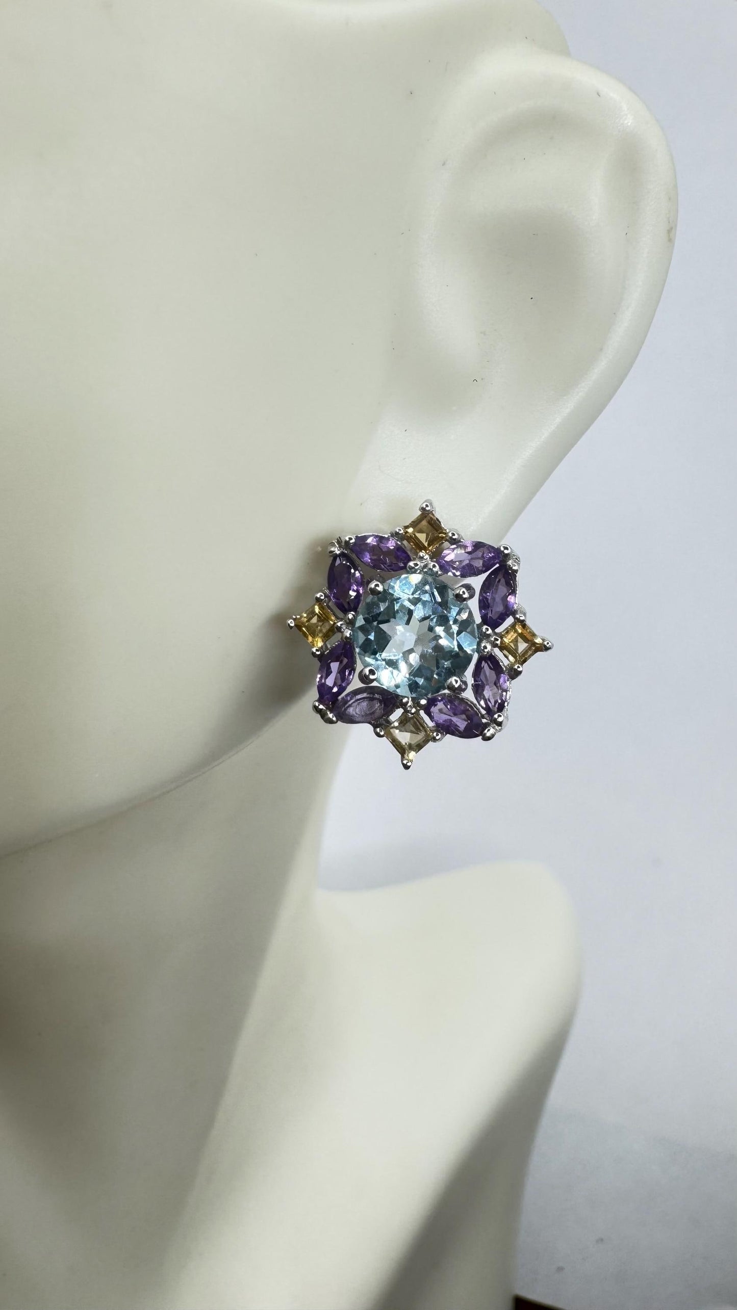 Vintage White and Blue Topaz Amethyst and Citrine Stud Earrings 925 Sterling Silver buttons