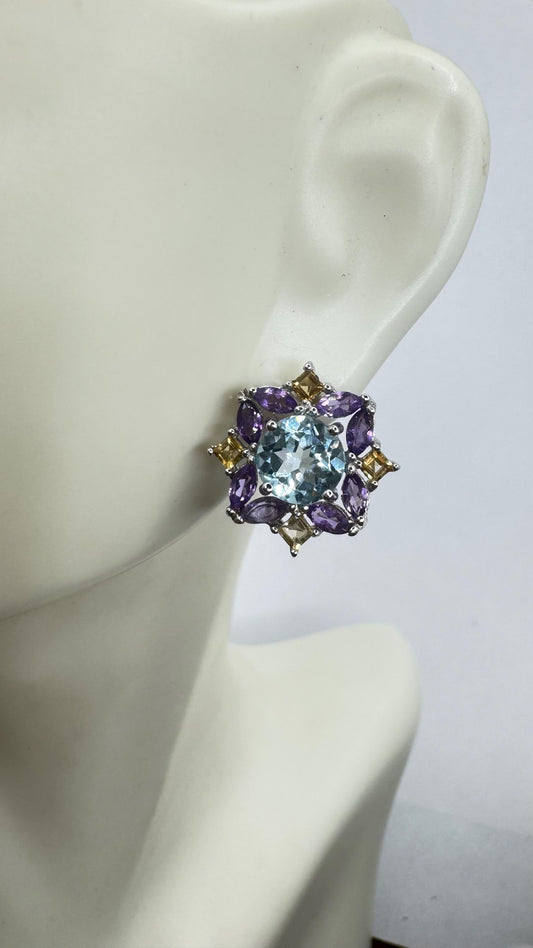 Vintage White and Blue Topaz Amethyst and Citrine Stud Earrings 925 Sterling Silver buttons