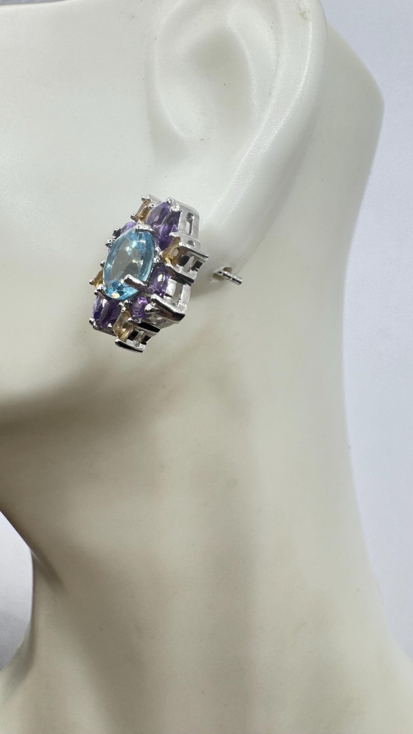Vintage White and Blue Topaz Amethyst and Citrine Stud Earrings 925 Sterling Silver buttons