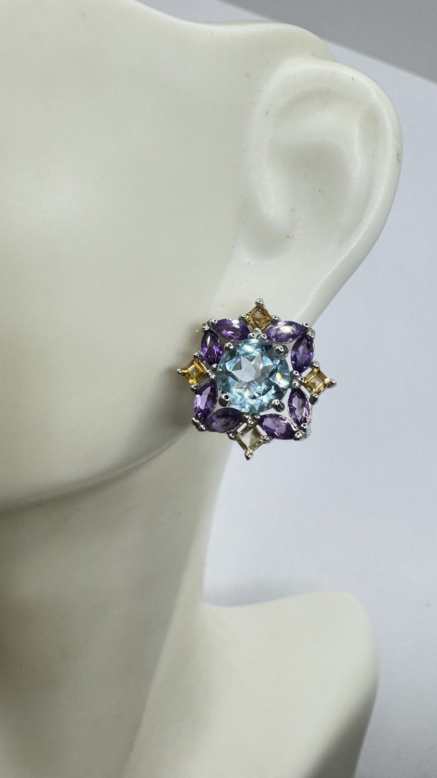 Vintage White and Blue Topaz Amethyst and Citrine Stud Earrings 925 Sterling Silver buttons