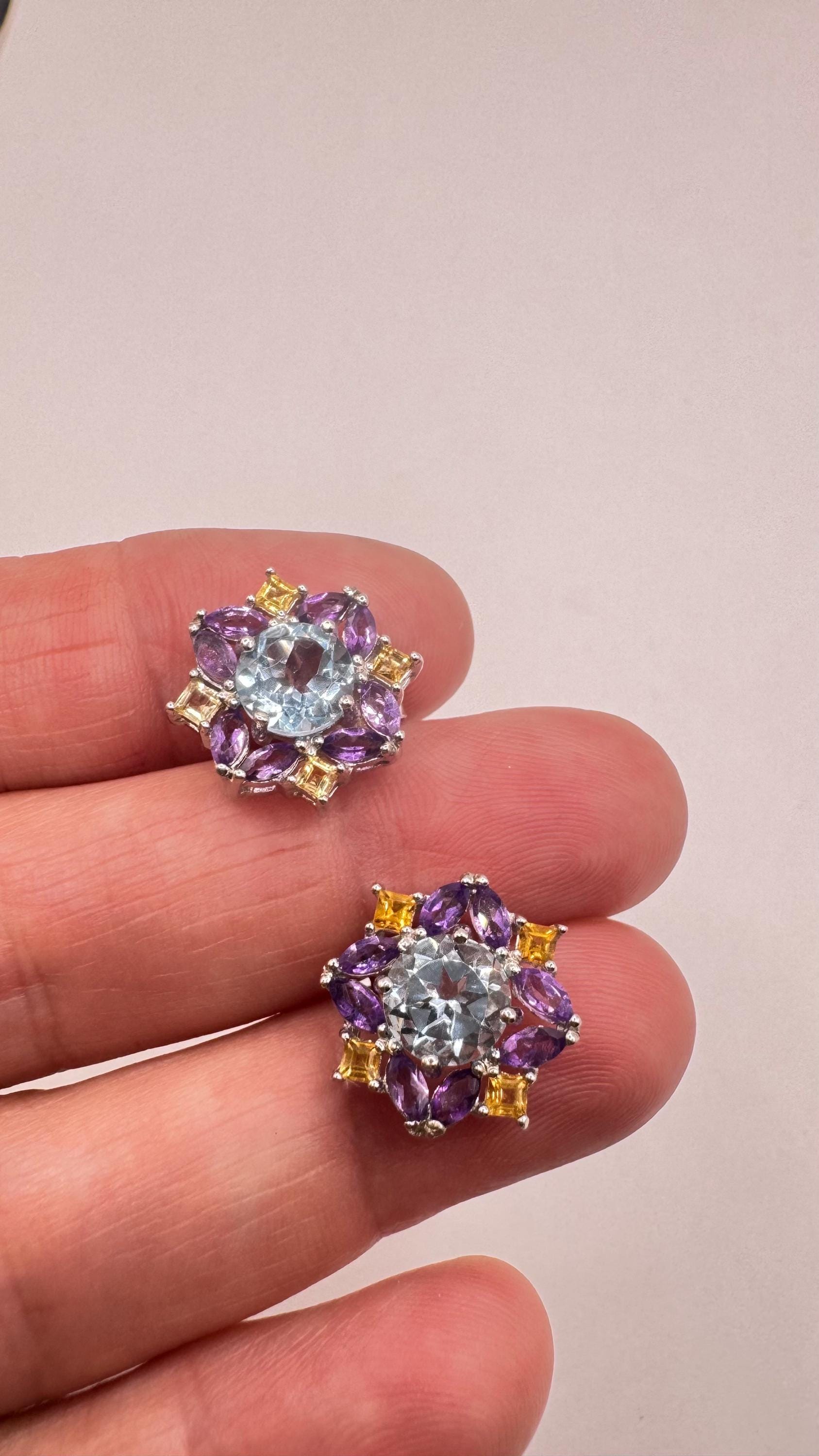 Vintage White and Blue Topaz Amethyst and Citrine Stud Earrings 925 Sterling Silver buttons