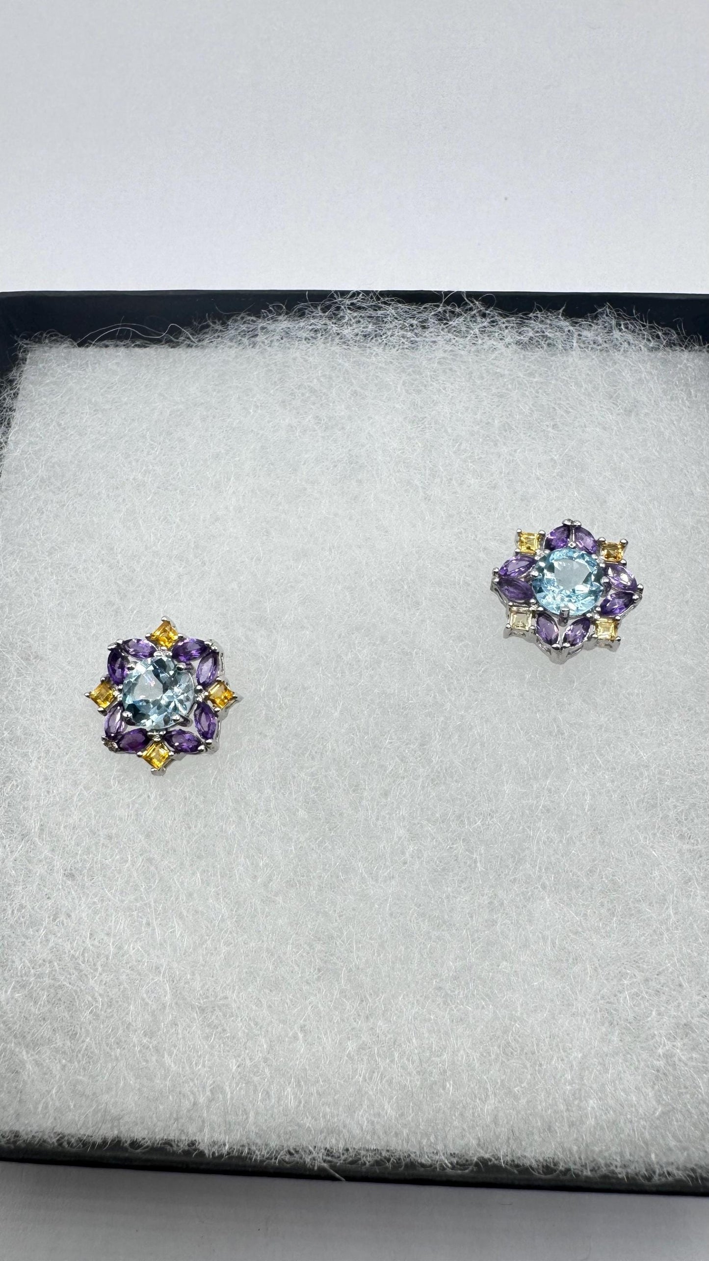 Vintage White and Blue Topaz Amethyst and Citrine Stud Earrings 925 Sterling Silver buttons
