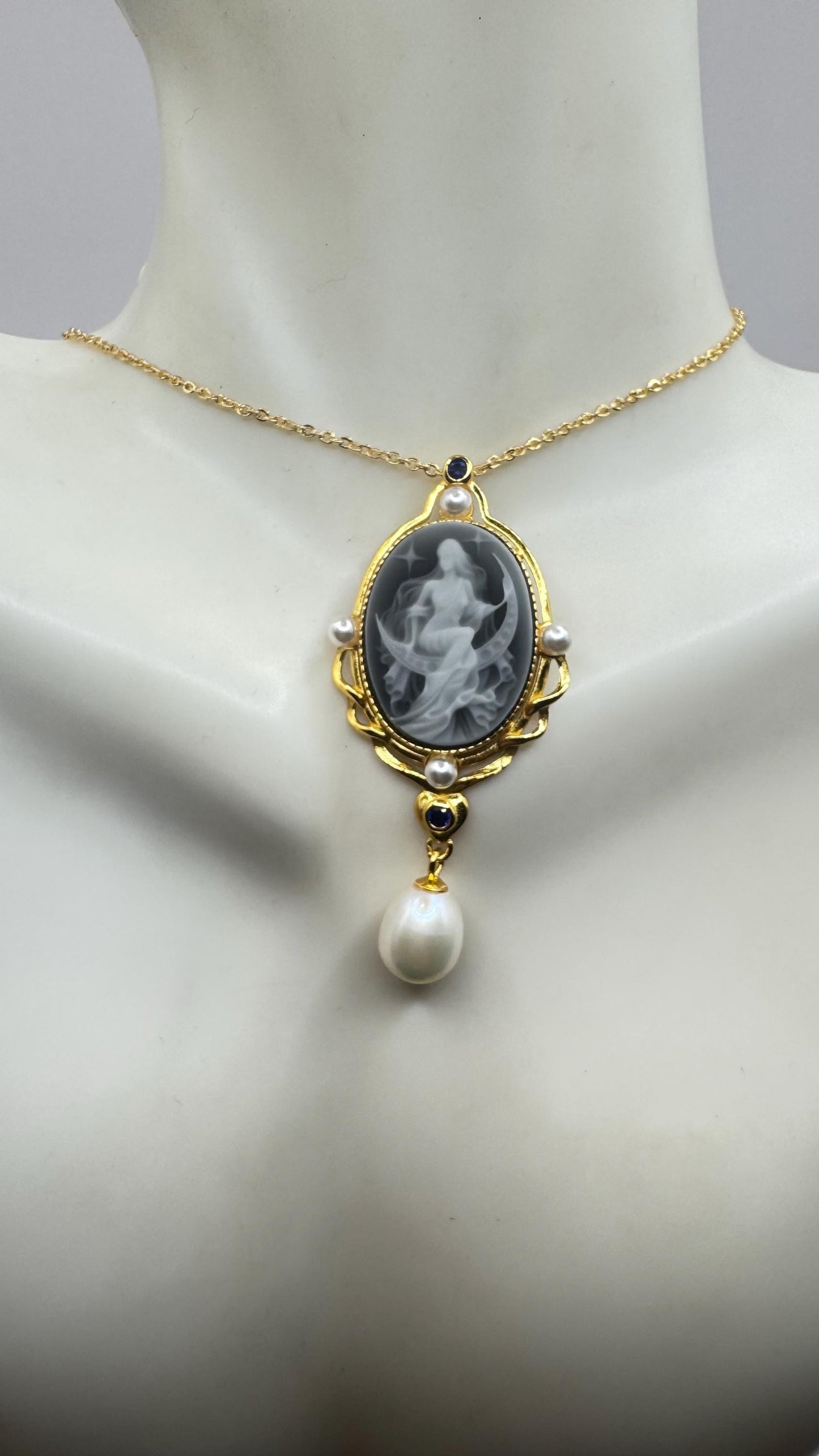 Vintage Genuine Pearl Black Onyx Cameo Gold Sterling Silver Necklace Choker