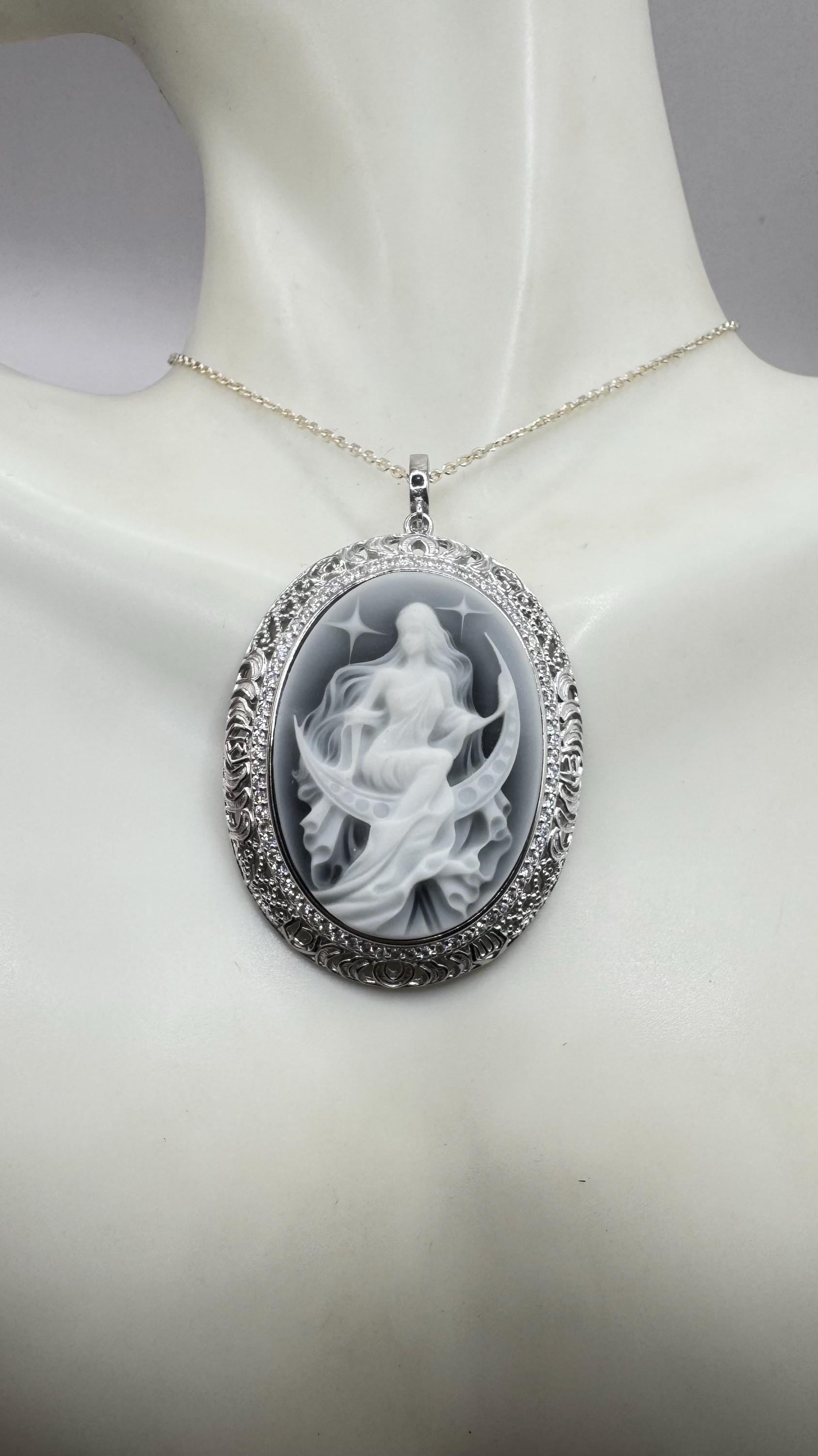 Vintage Genuine Pearl Black Onyx Cameo Sterling Silver Necklace Choker