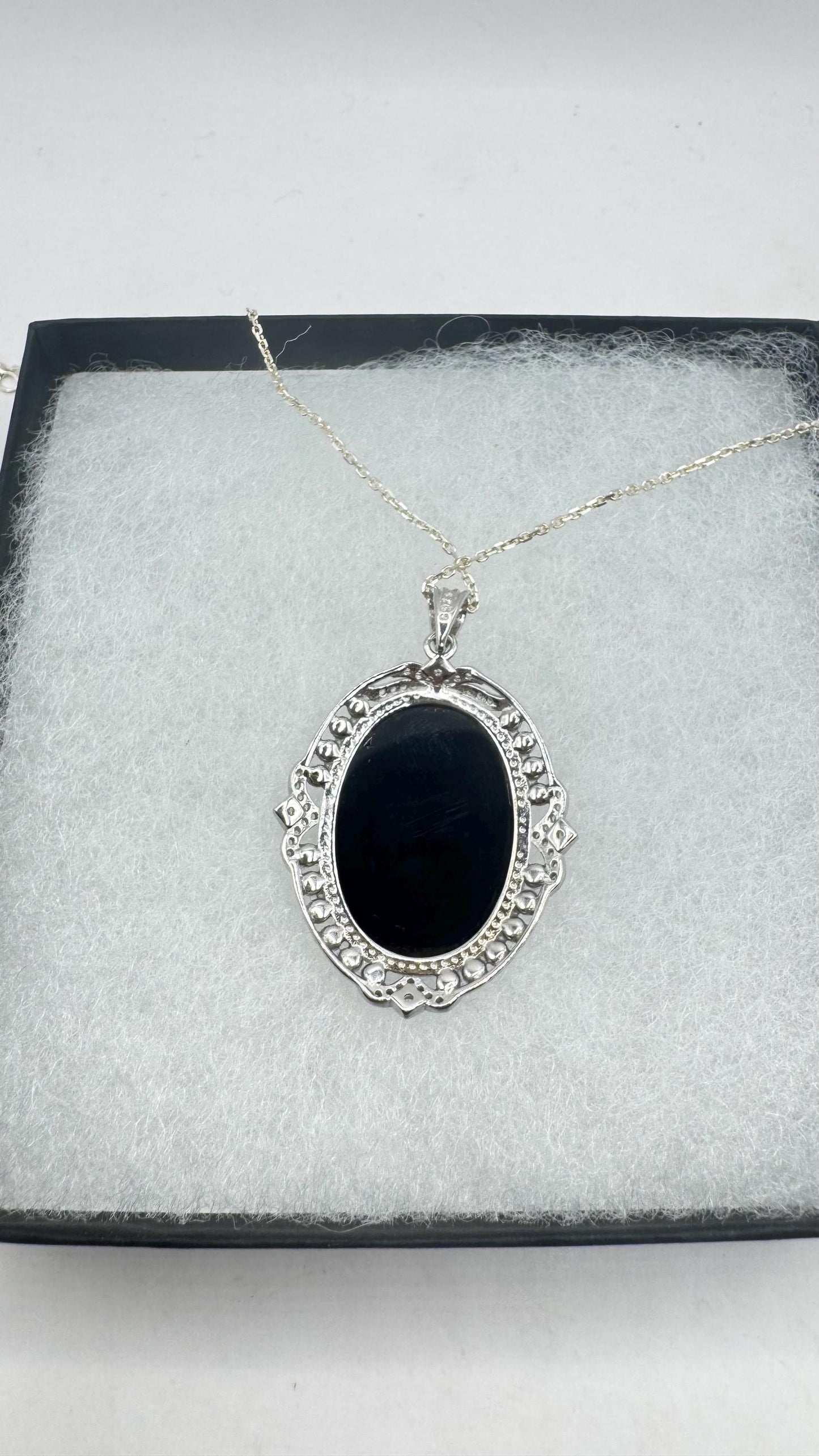 Vintage Genuine Pearl Black Onyx Cameo Sterling Silver Necklace Choker