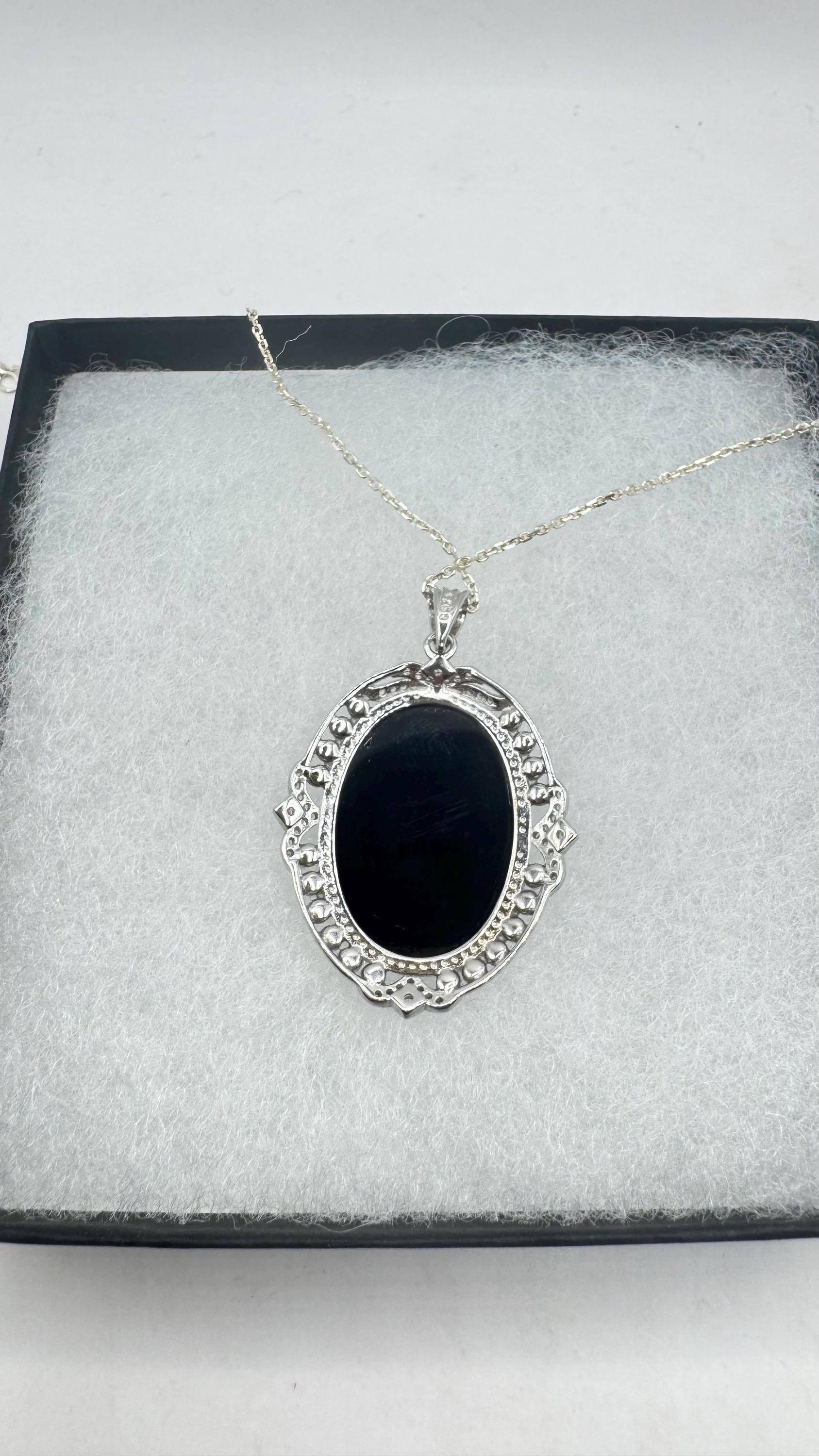 Vintage Genuine Pearl Black Onyx Cameo Sterling Silver Necklace Choker