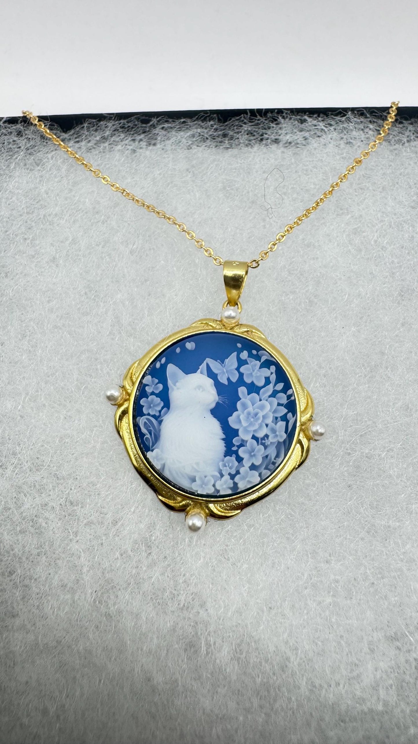 Vintage Genuine Blue Onyx Cameo Cat 925 Sterling Silver Necklace Choker