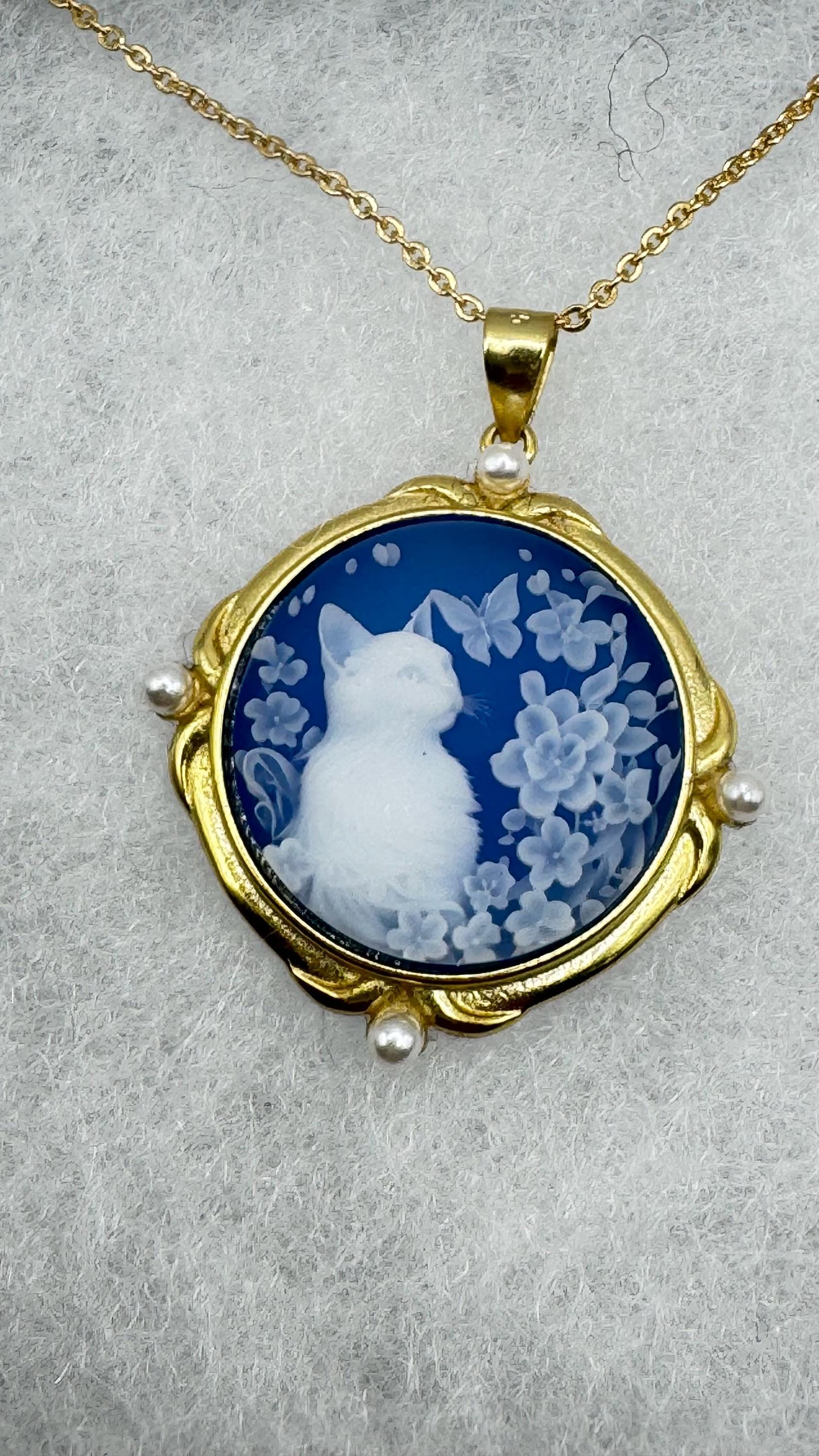 Vintage Genuine Blue Onyx Cameo Cat 925 Sterling Silver Necklace Choker