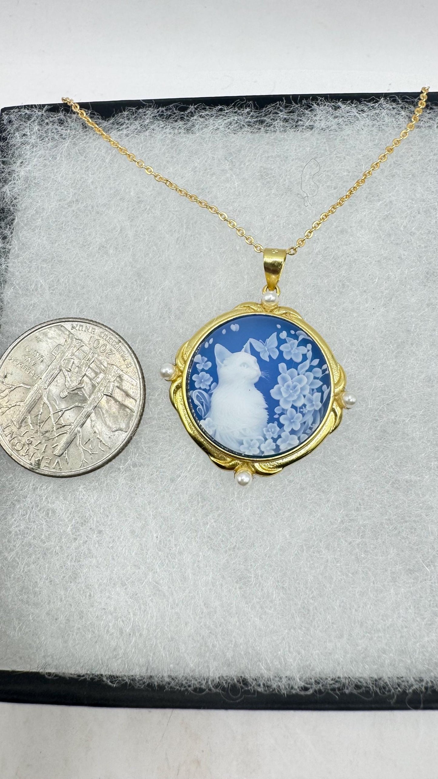 Vintage Genuine Blue Onyx Cameo Cat 925 Sterling Silver Necklace Choker