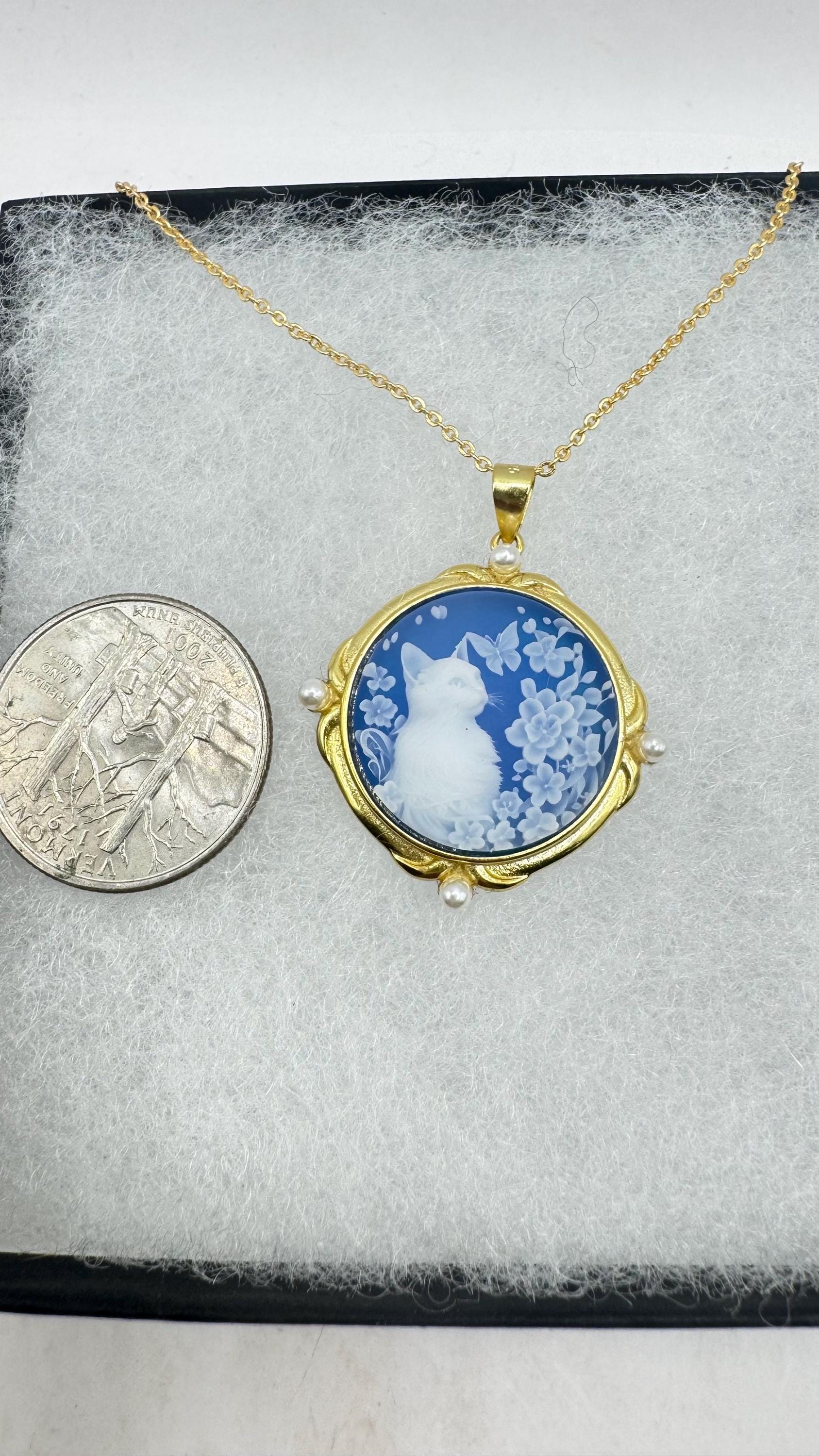 Vintage Genuine Blue Onyx Cameo Cat 925 Sterling Silver Necklace Choker