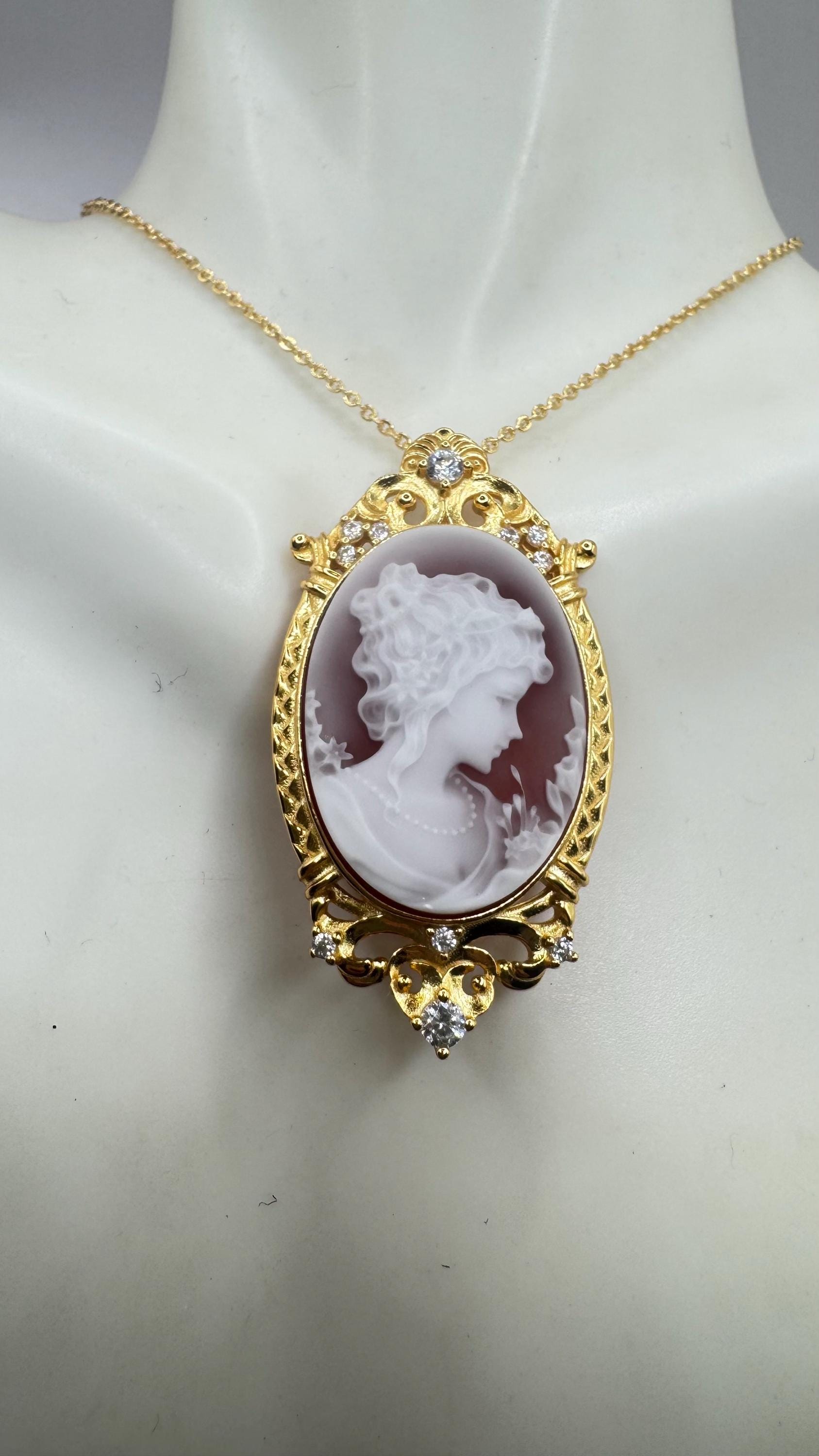 Vintage Carved Cameo Yellow Gold 925 Sterling Silver Necklace Choker pin brooch