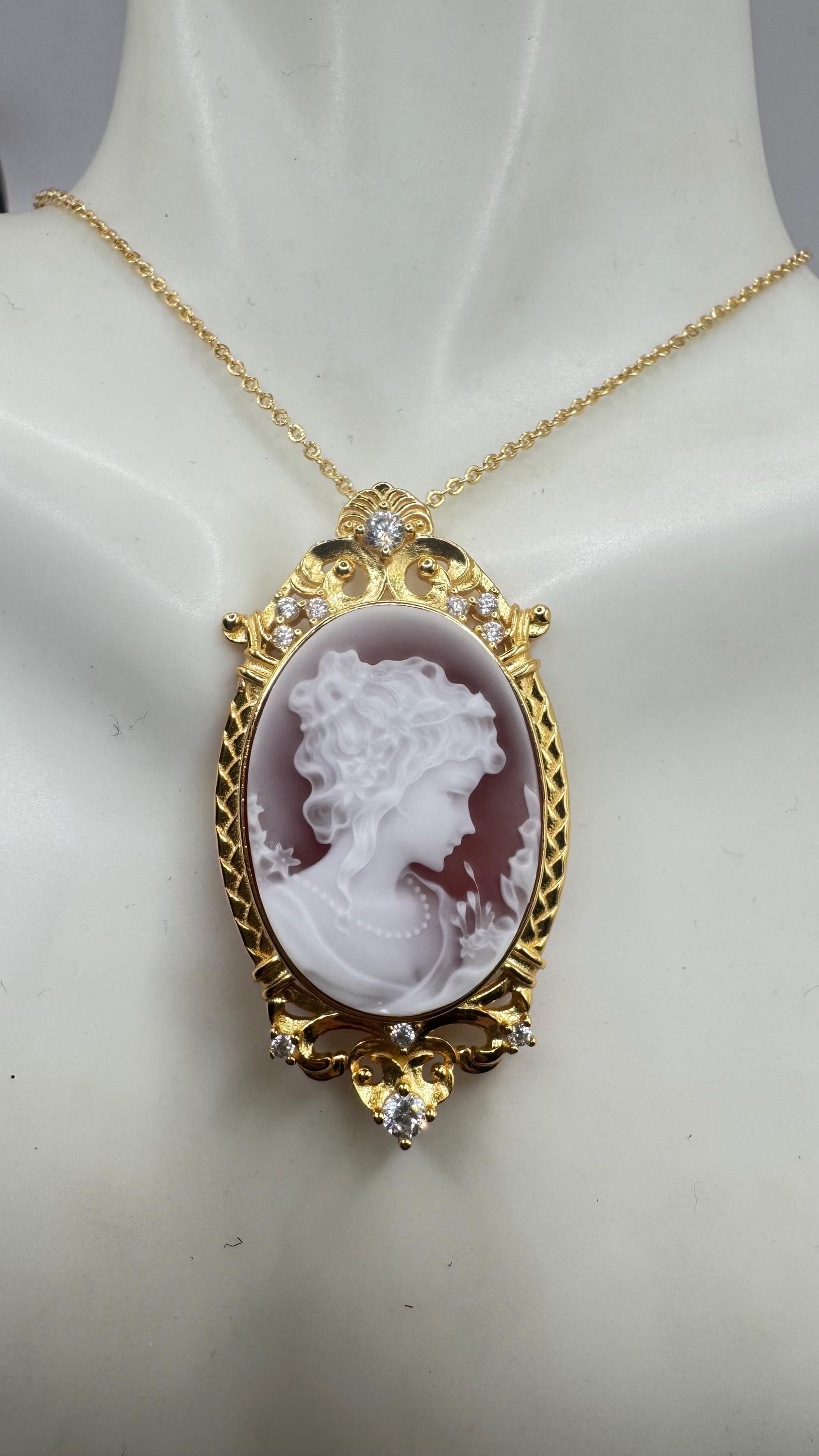 Vintage Carved Cameo Yellow Gold 925 Sterling Silver Necklace Choker pin brooch