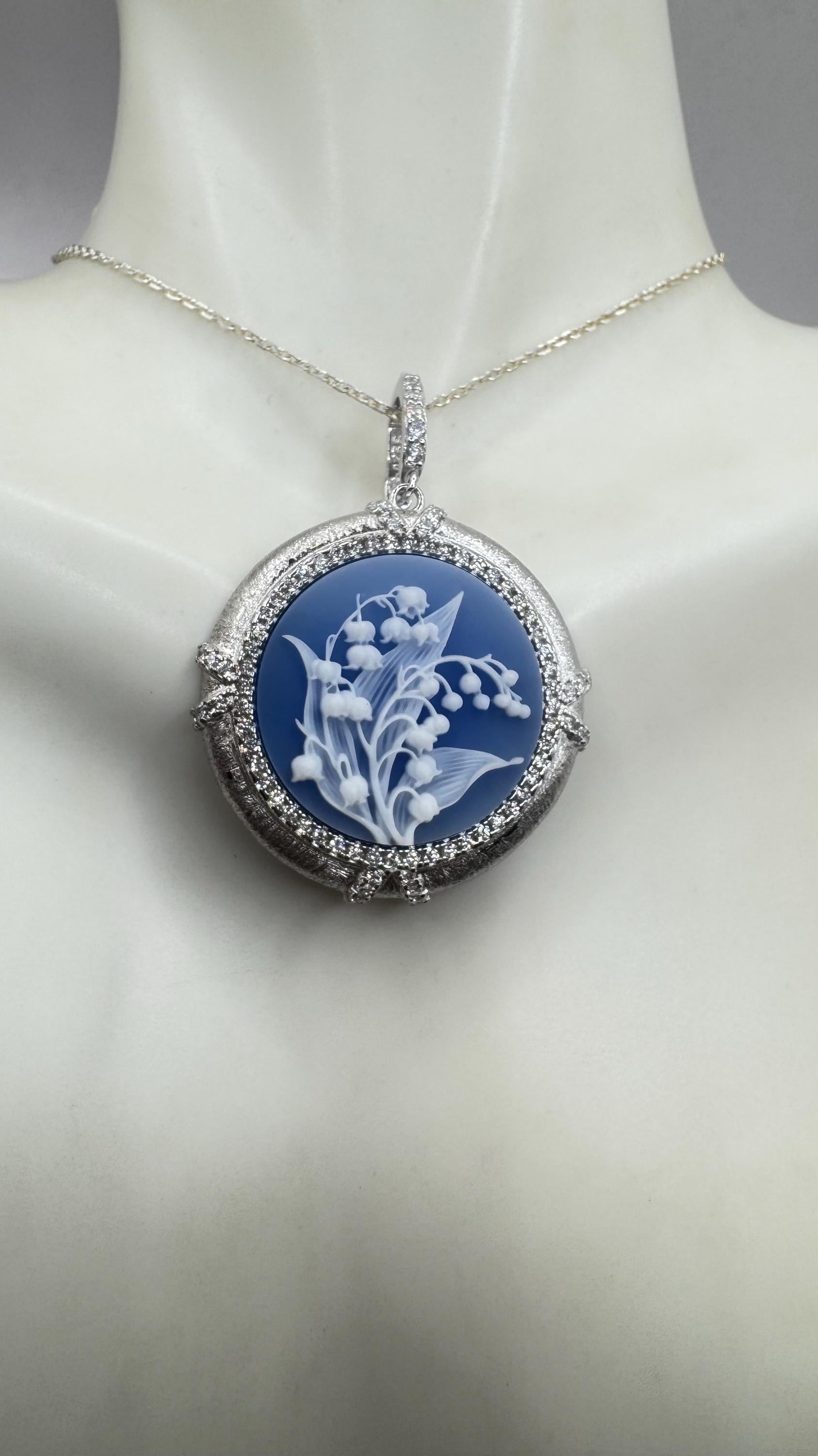 Vintage Lily of the Valley Green Onyx Cameo Choker 925 Sterling Silver Necklace