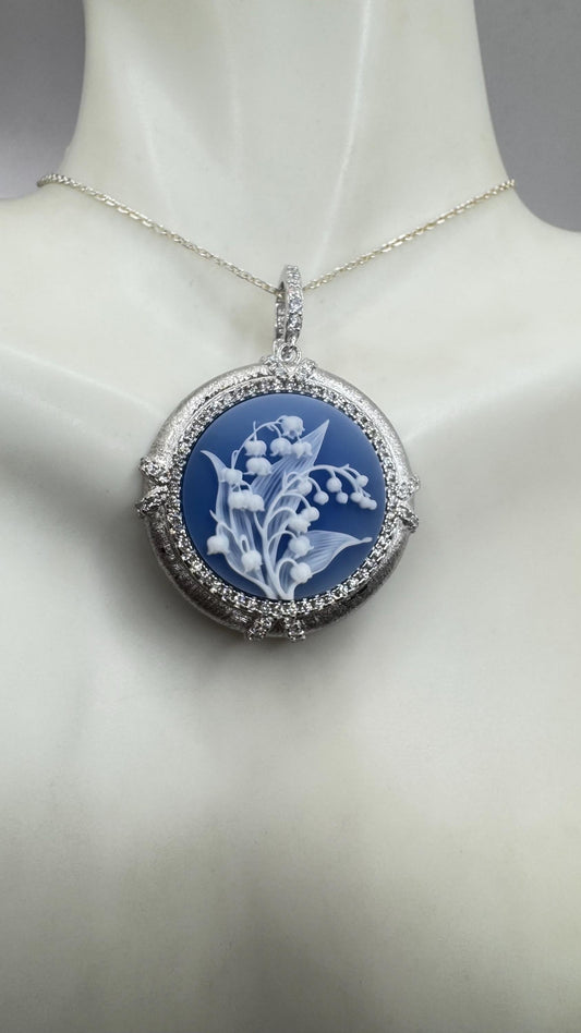 Vintage Lily of the Valley Green Onyx Cameo Choker 925 Sterling Silver Necklace