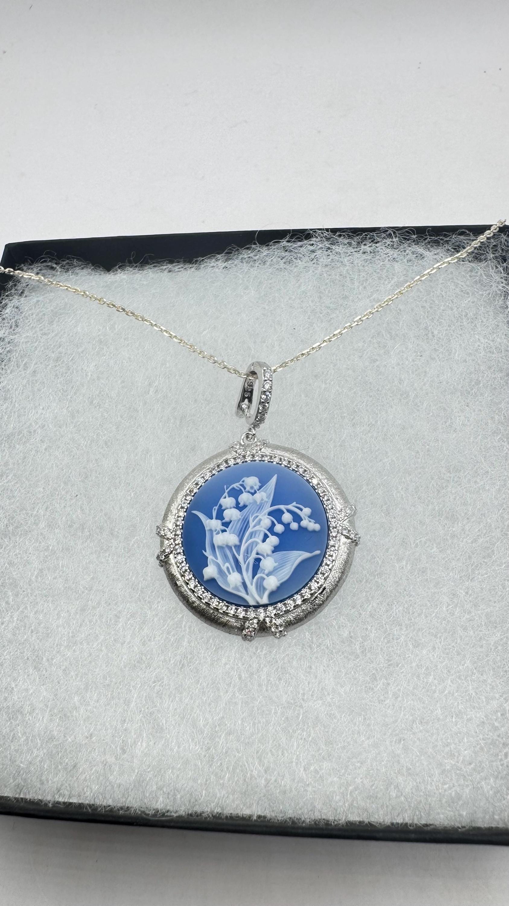 Vintage Lily of the Valley Green Onyx Cameo Choker 925 Sterling Silver Necklace