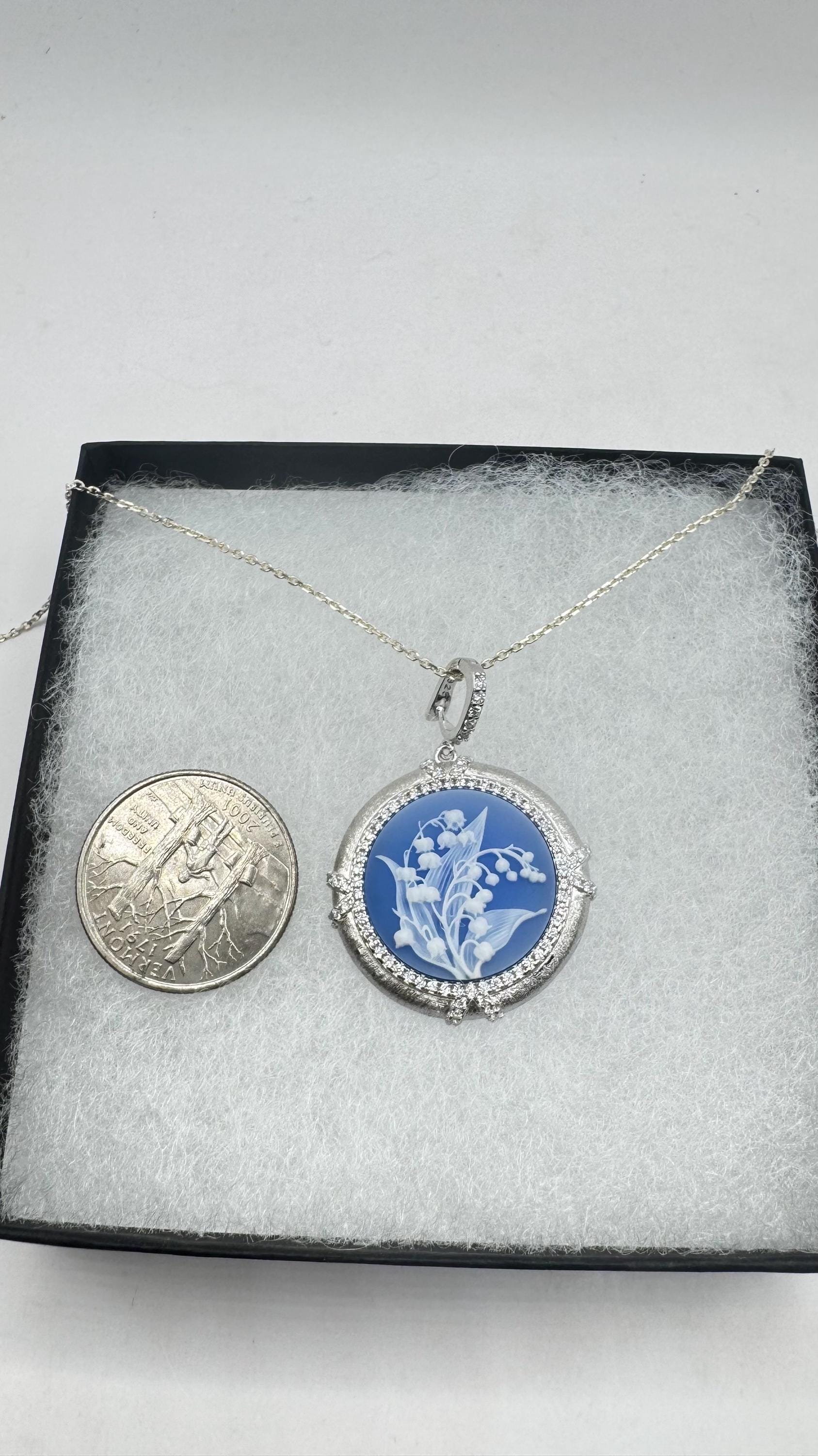 Vintage Lily of the Valley Green Onyx Cameo Choker 925 Sterling Silver Necklace