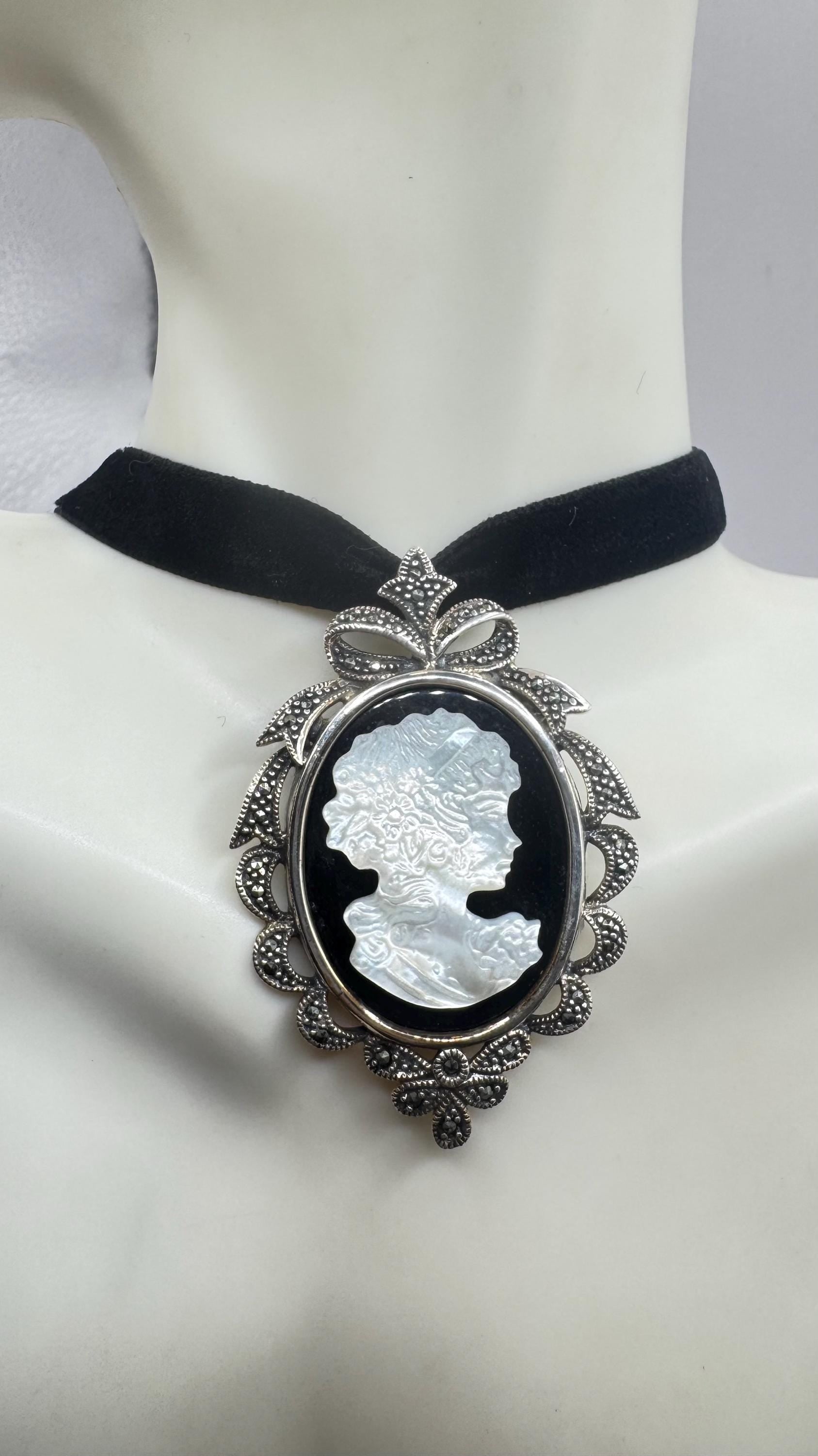 Vintage Abalone Black Onyx Cameo 925 Sterling silver Marcasite Necklace Pin Choker