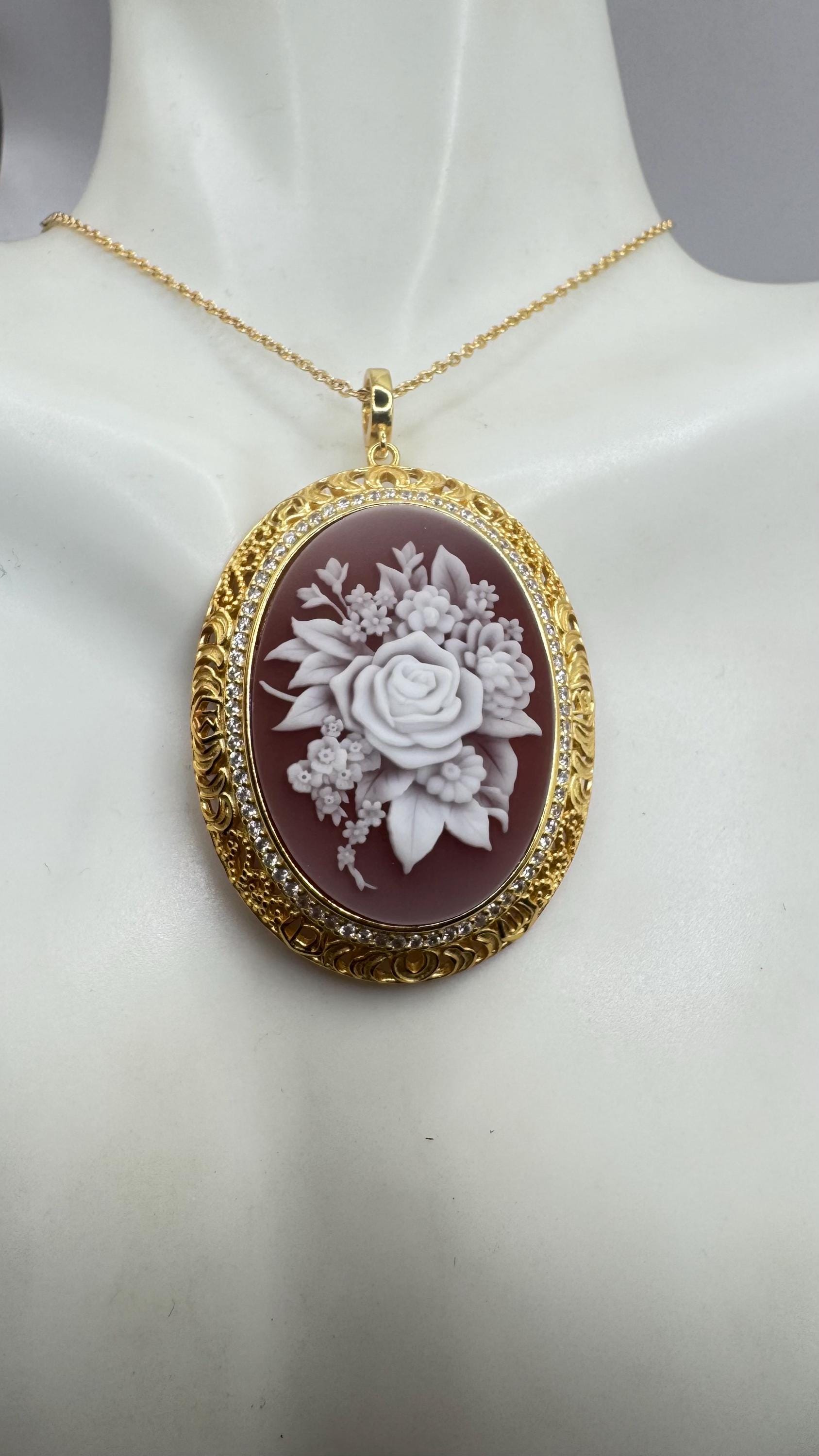 Vintage Carved Rose Flower Cameo Yellow Gold 925 Sterling Silver Necklace Choker