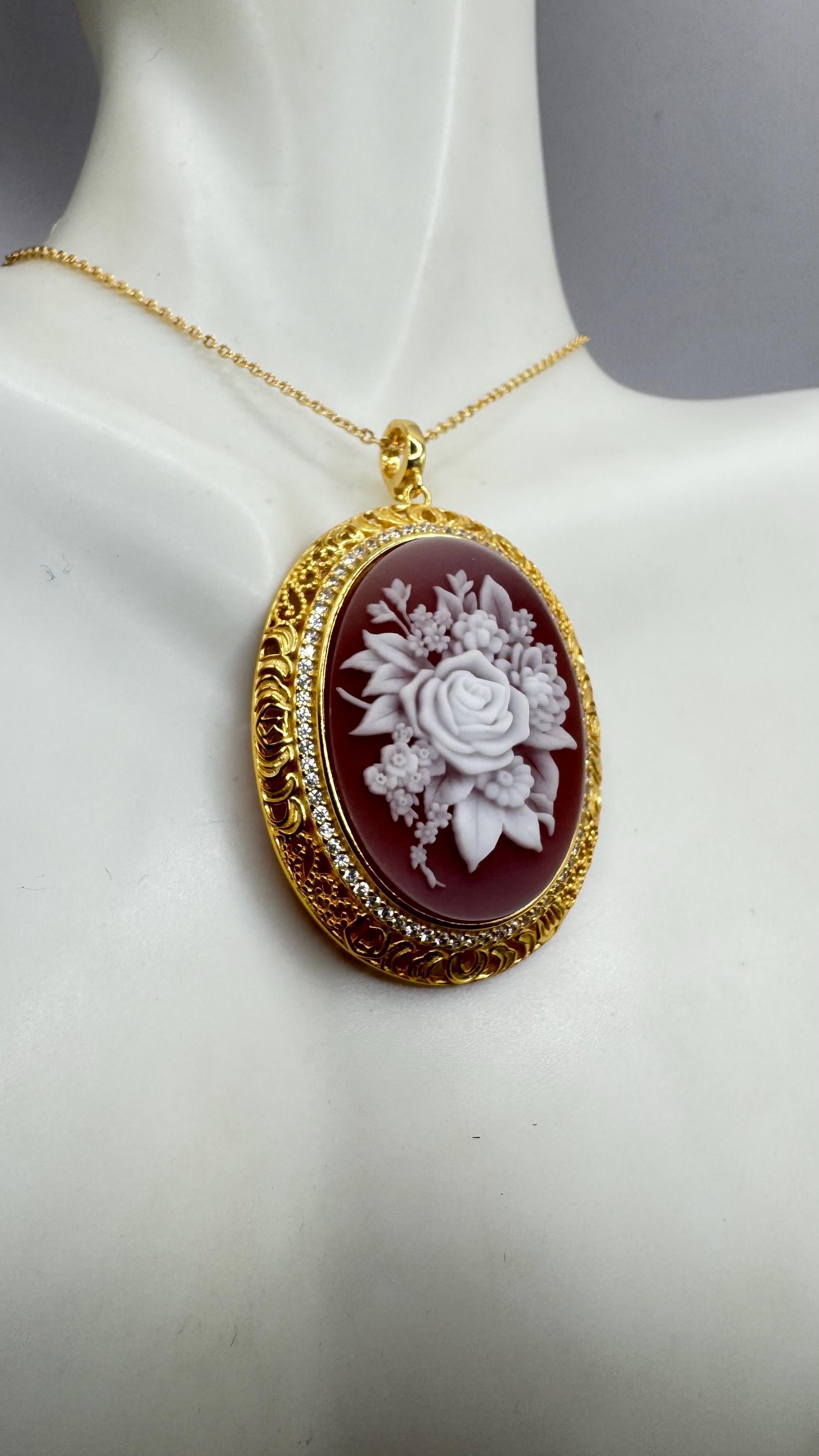 Vintage Carved Rose Flower Cameo Yellow Gold 925 Sterling Silver Necklace Choker