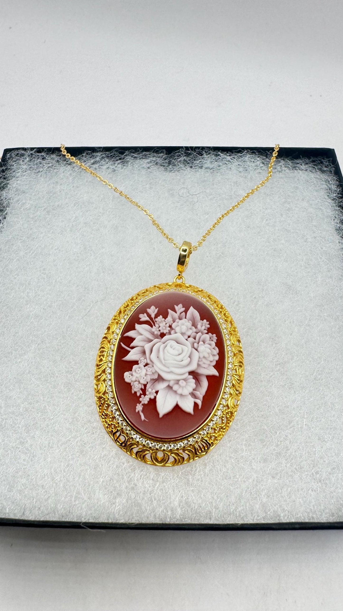 Vintage Carved Rose Flower Cameo Yellow Gold 925 Sterling Silver Necklace Choker