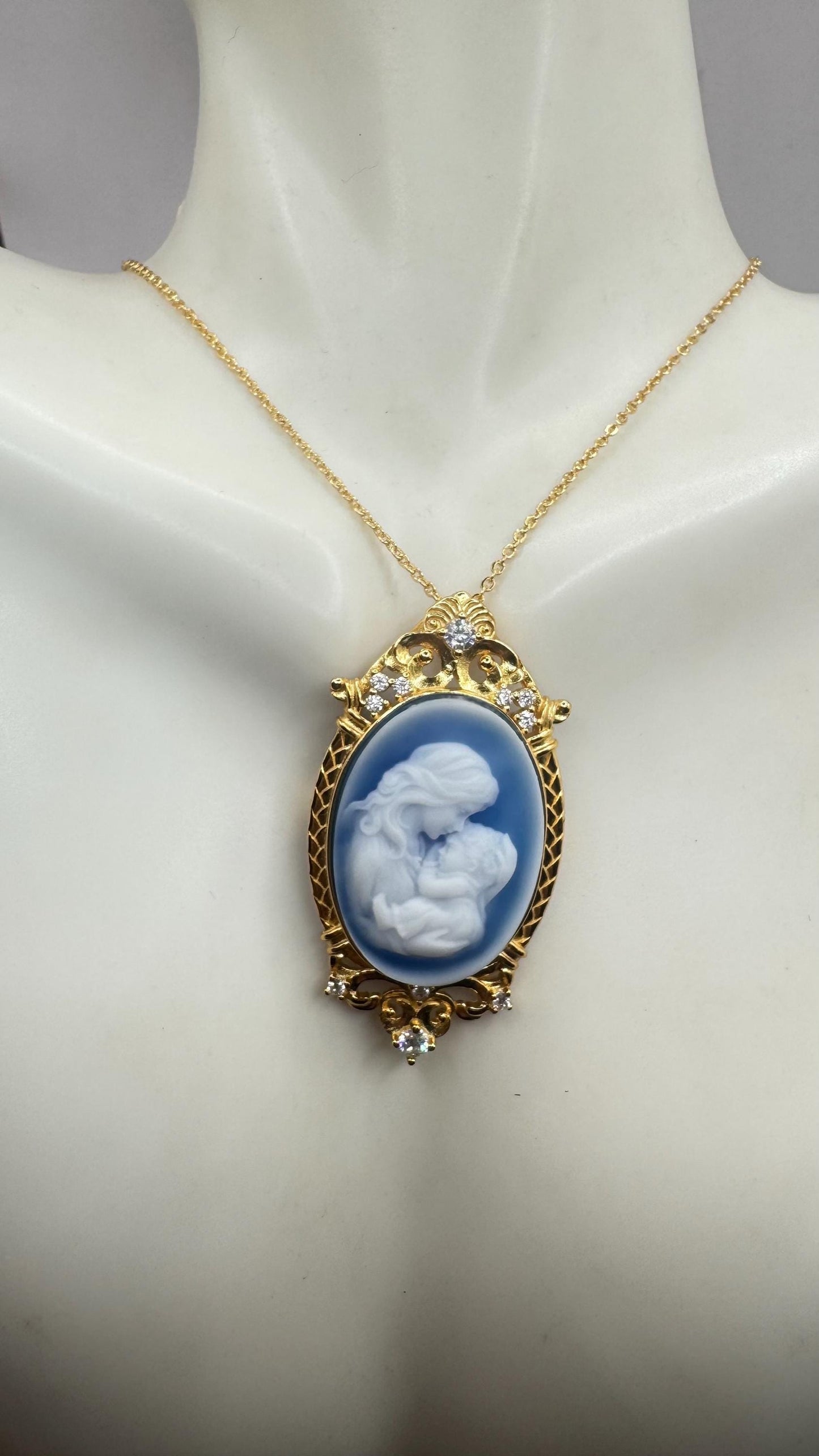 Vintage mother and child blue Onyx Cameo Choker gold 925 Sterling Silver Necklace