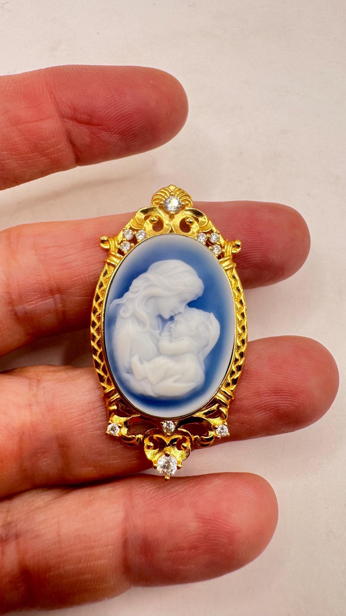 Vintage mother and child blue Onyx Cameo Choker gold 925 Sterling Silver Necklace