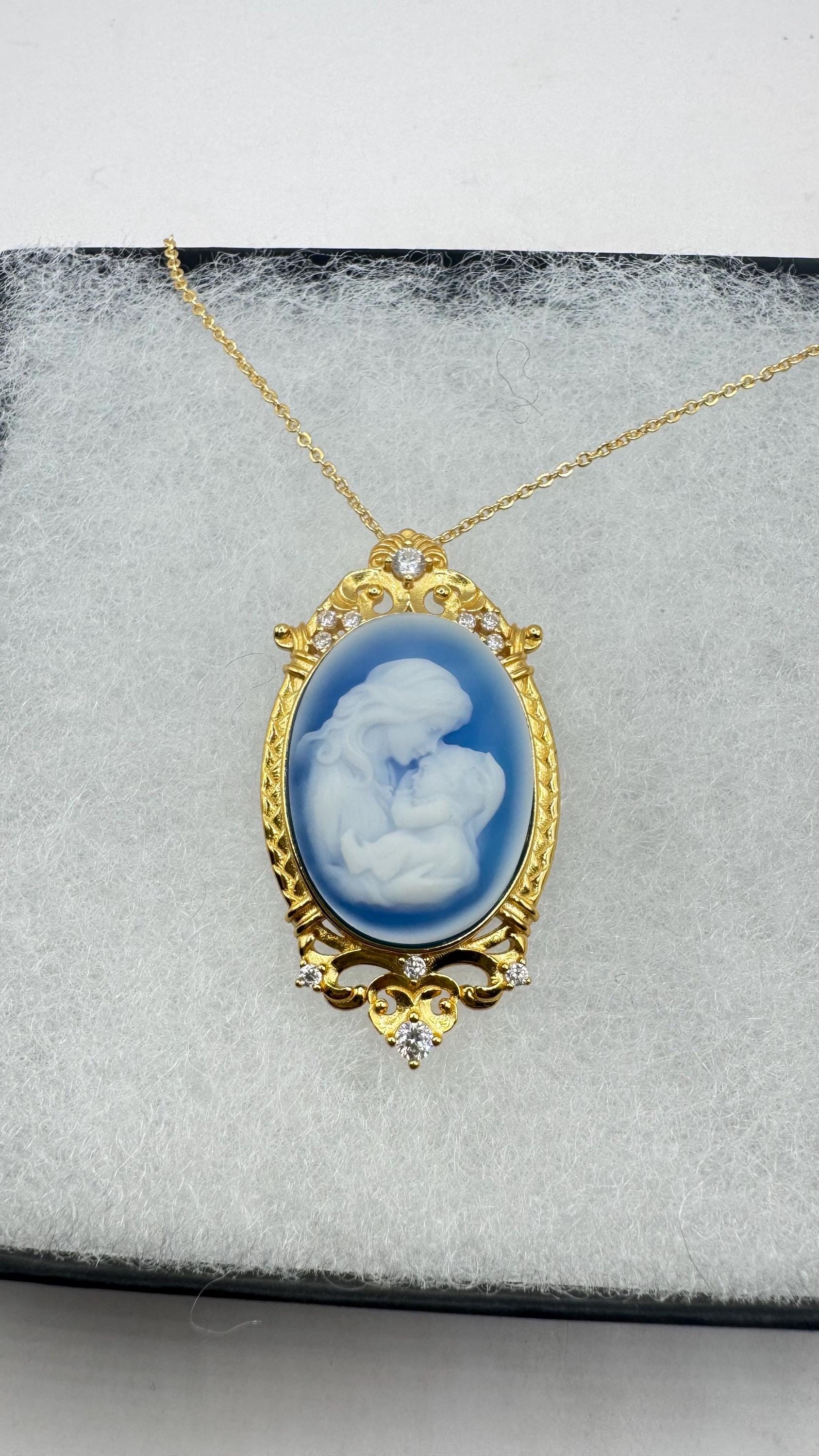 Vintage mother and child blue Onyx Cameo Choker gold 925 Sterling Silver Necklace