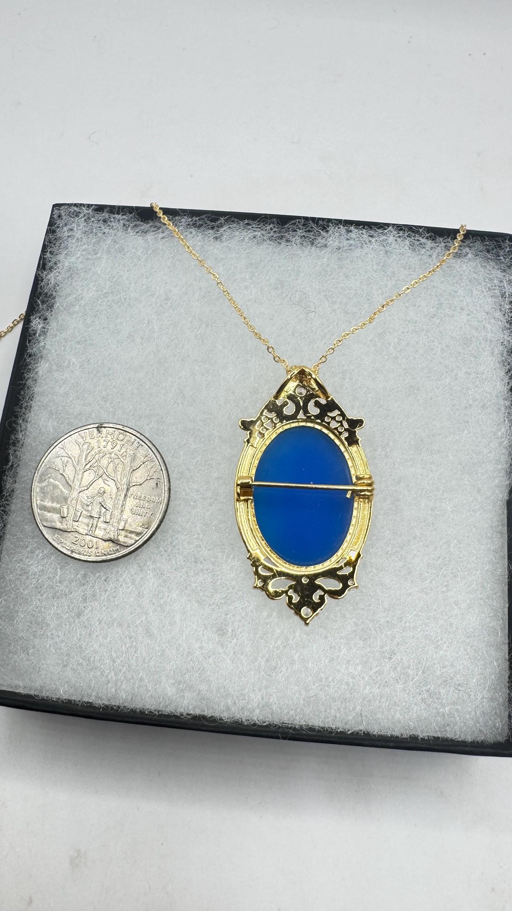 Vintage mother and child blue Onyx Cameo Choker gold 925 Sterling Silver Necklace