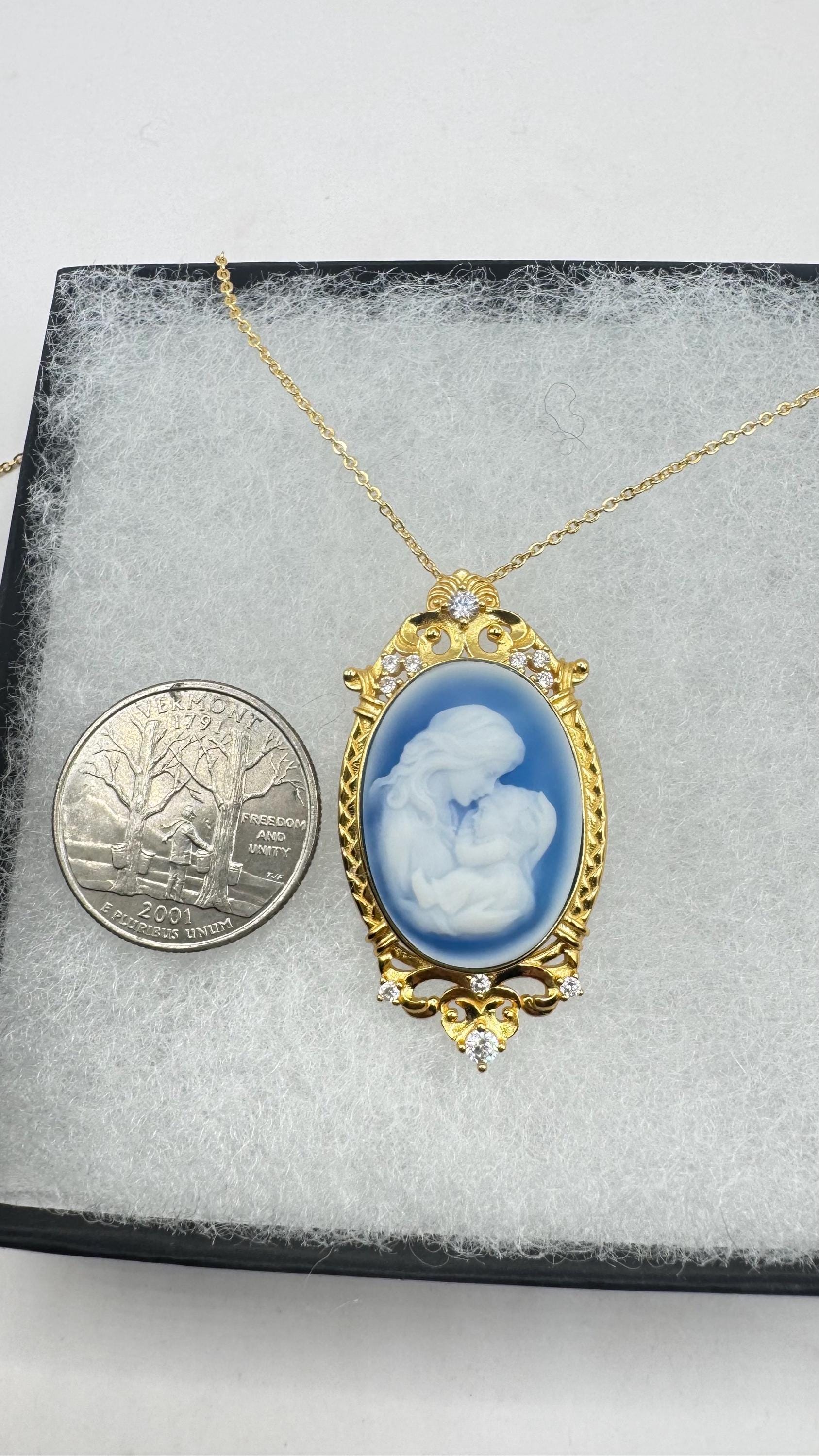 Vintage mother and child blue Onyx Cameo Choker gold 925 Sterling Silver Necklace