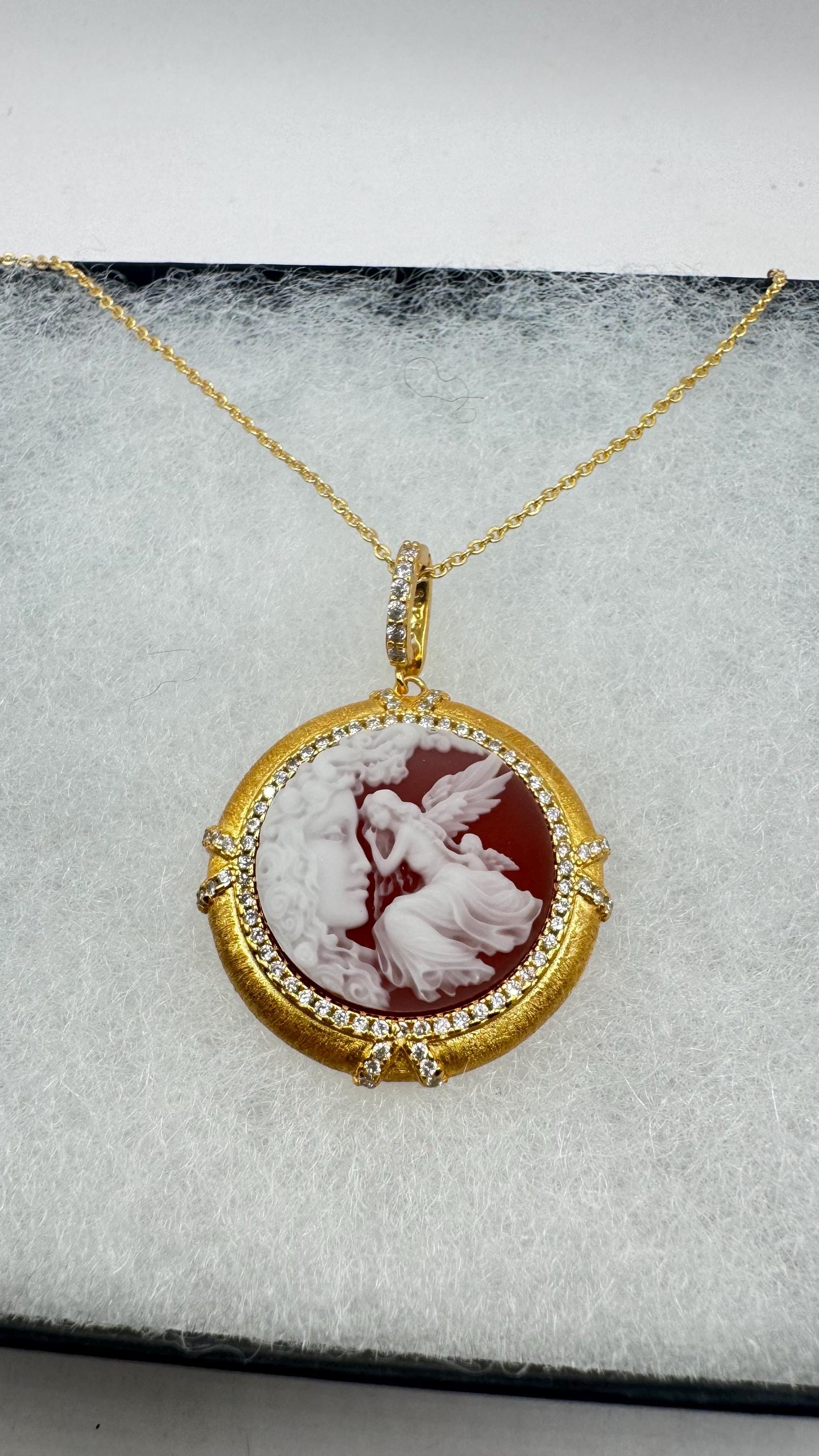 Vintage Carved Angel Onyx Cameo Gold 925 Sterling silver Necklace Choker