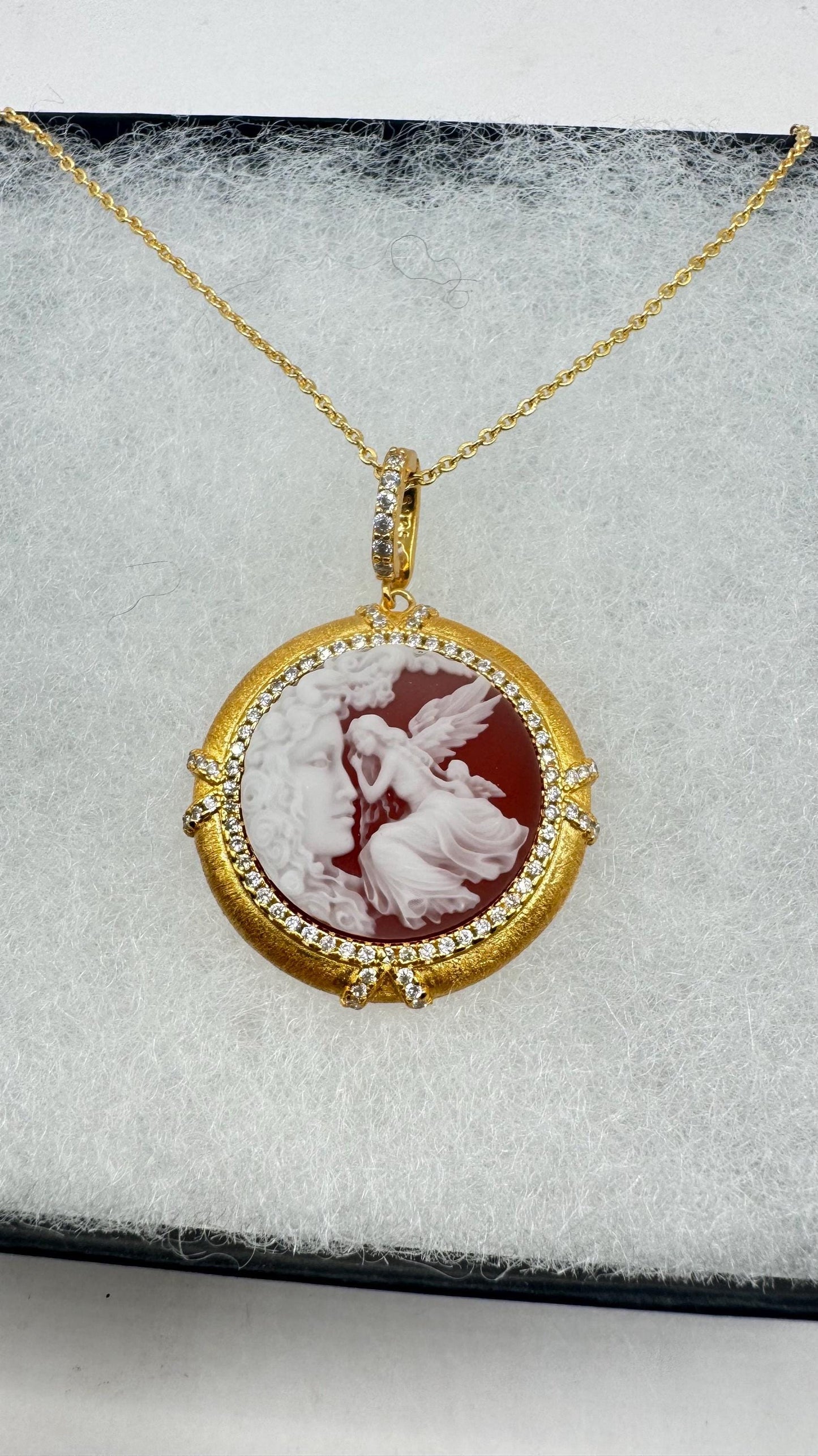 Vintage Carved Angel Onyx Cameo Gold 925 Sterling silver Necklace Choker