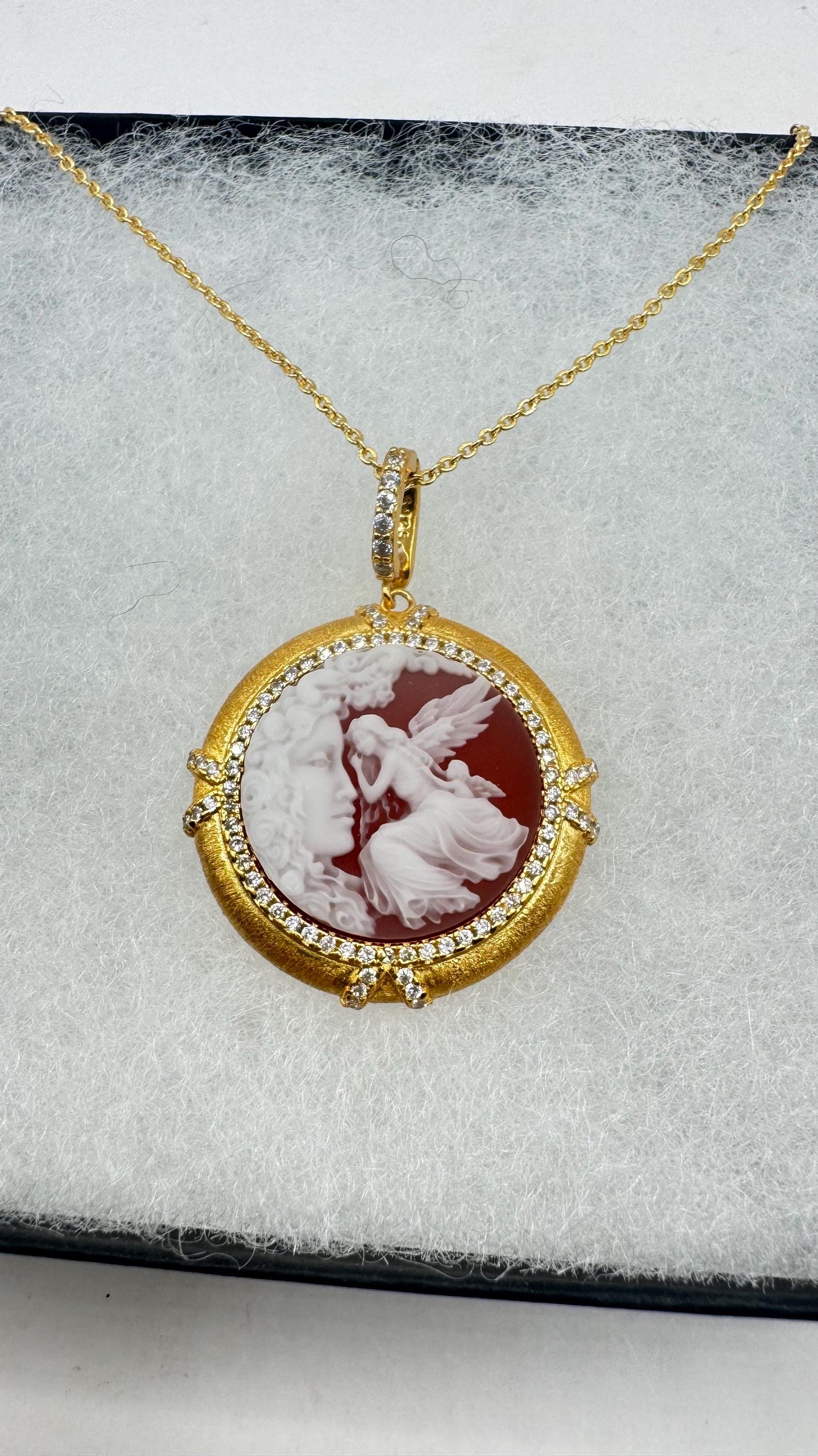 Vintage Carved Angel Onyx Cameo Gold 925 Sterling silver Necklace Choker