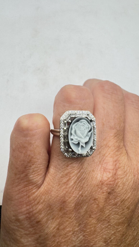 Vintage Black Onyx Rose Cameo Gold 925 Sterling Silver Cocktail Ring