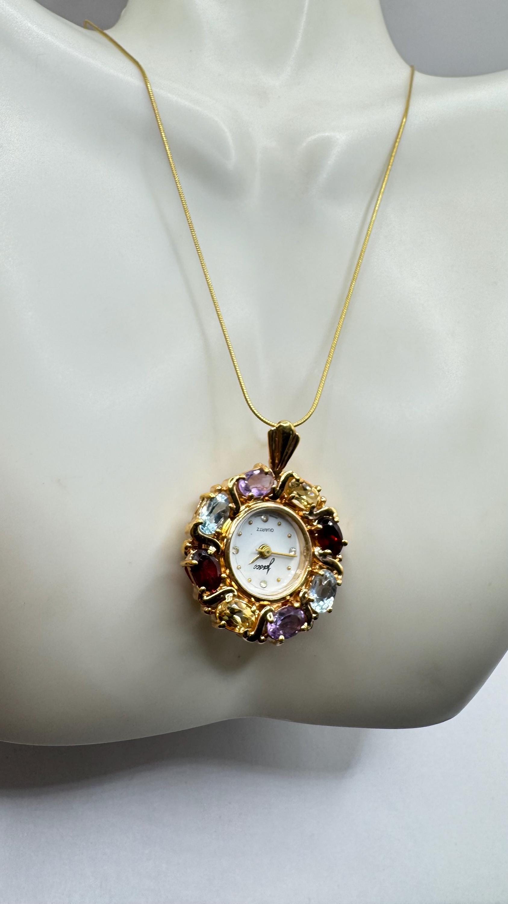 Vintage Watch Necklace Golden 925 Sterling Silver Genuine Blue Topaz Sapphire Antique Pendant