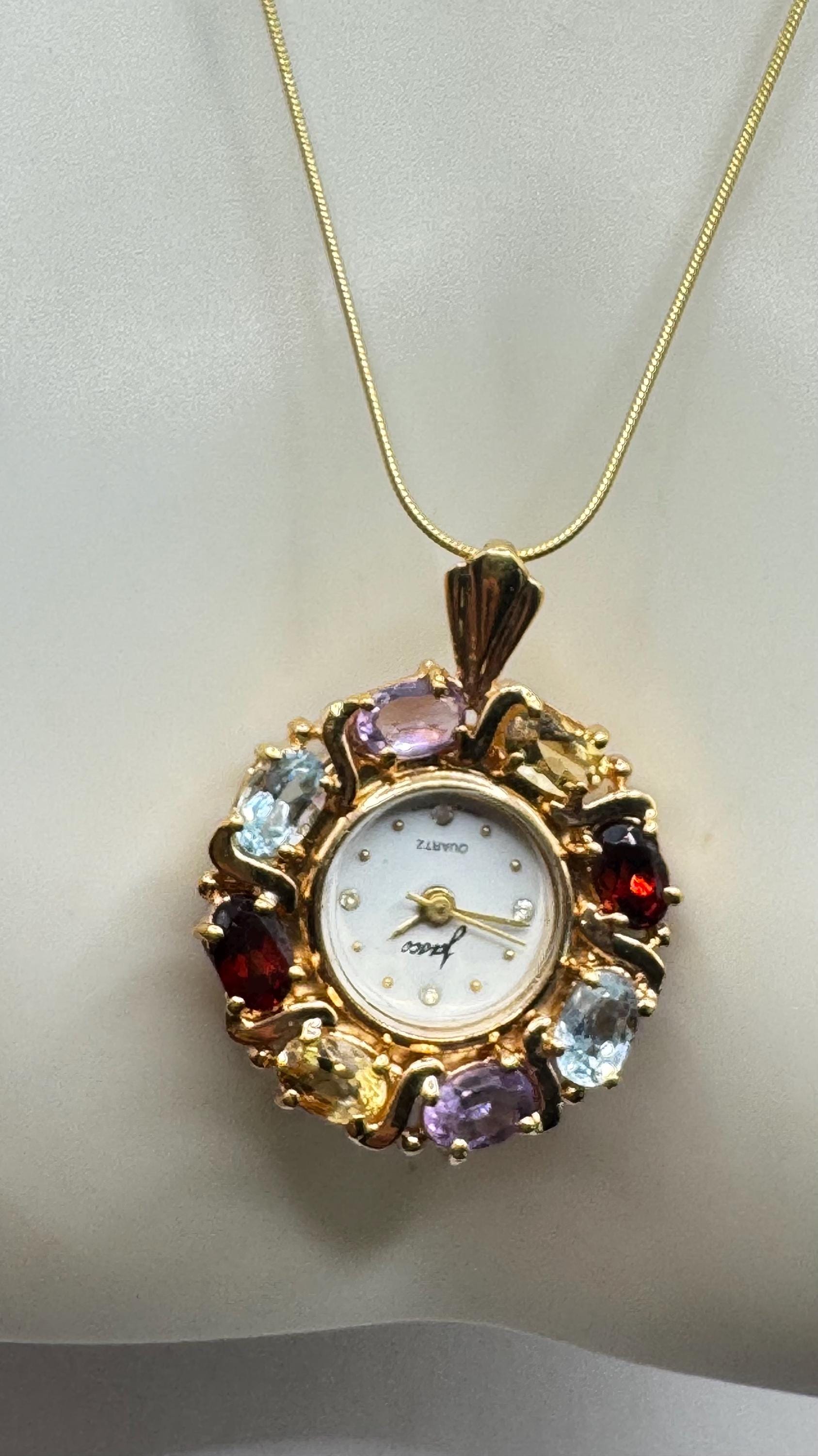 Vintage Watch Necklace Golden 925 Sterling Silver Genuine Blue Topaz Sapphire Antique Pendant