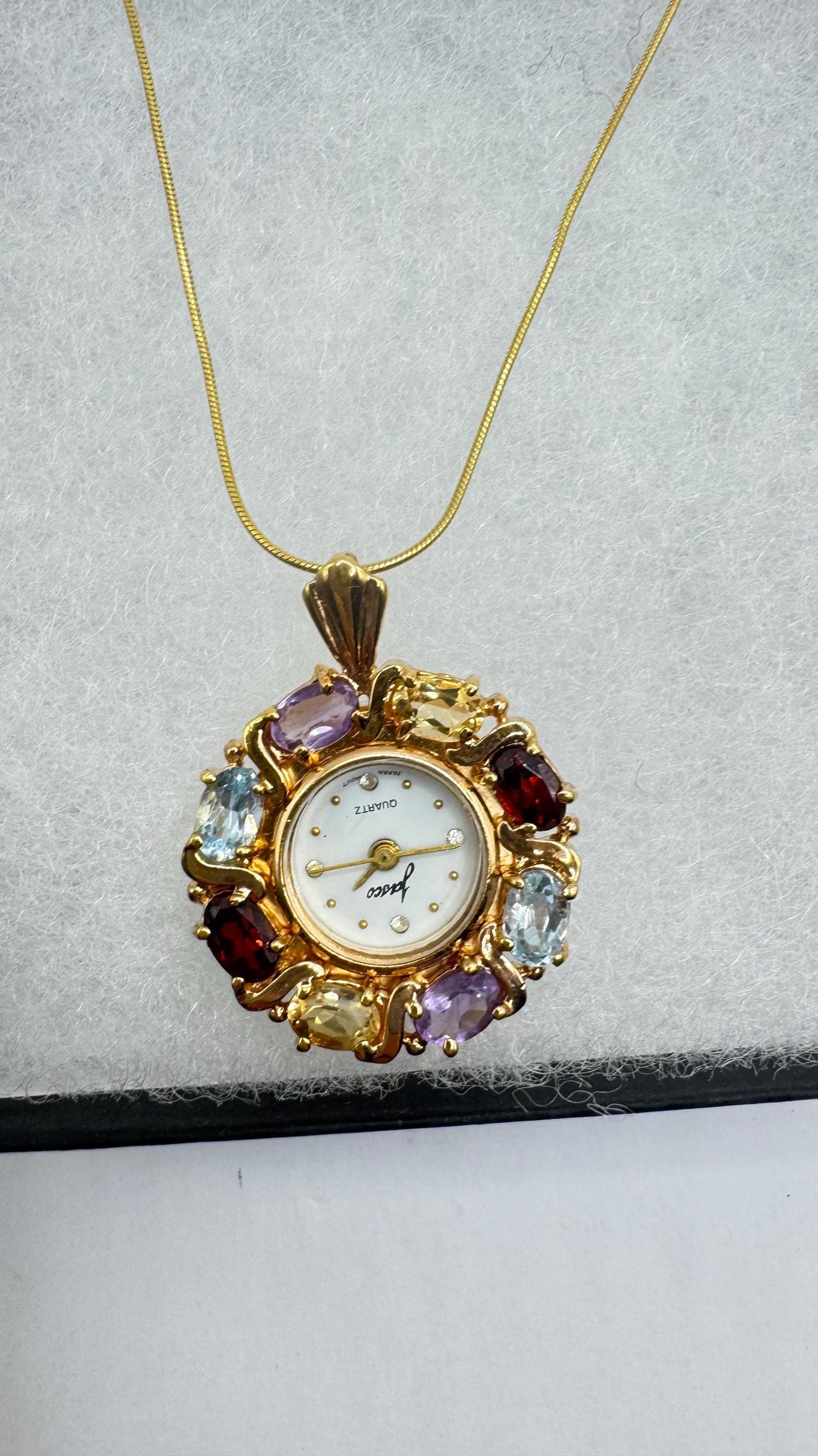 Vintage Watch Necklace Golden 925 Sterling Silver Genuine Blue Topaz Sapphire Antique Pendant