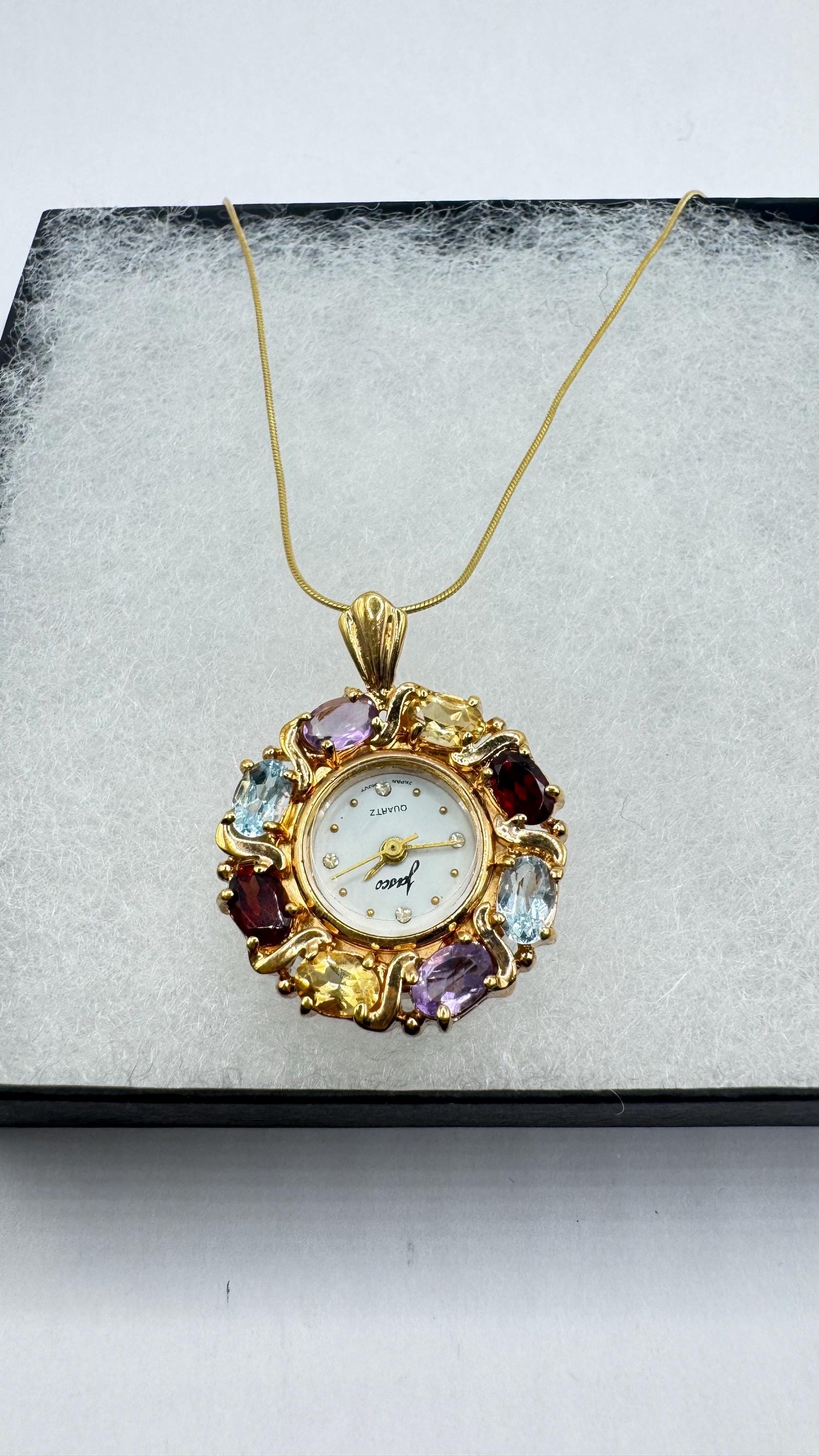 Vintage Watch Necklace Golden 925 Sterling Silver Genuine Blue Topaz Sapphire Antique Pendant