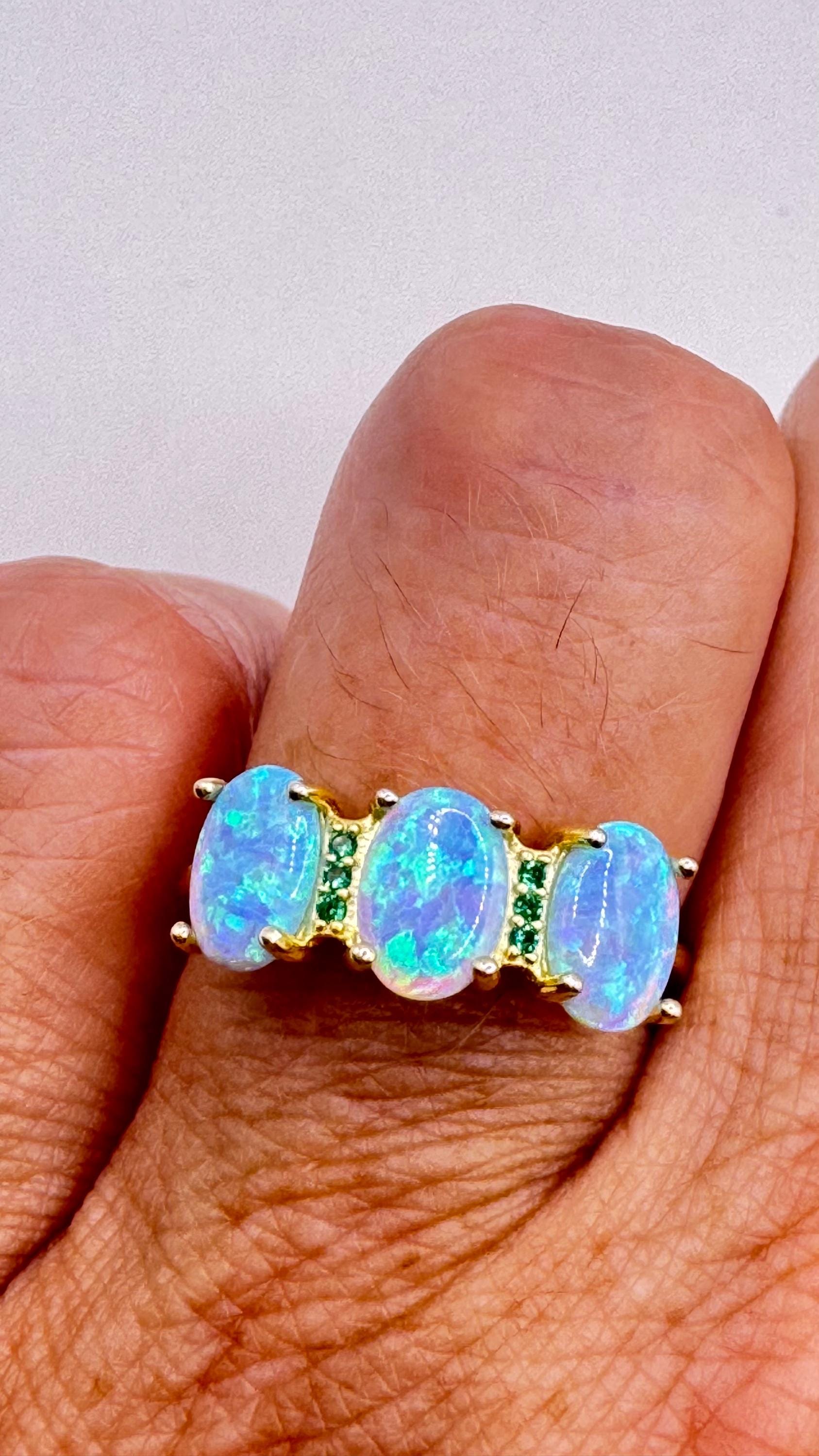 Vintage Fire Opal & Chrome Diopside Ring, 925 Sterling Silver