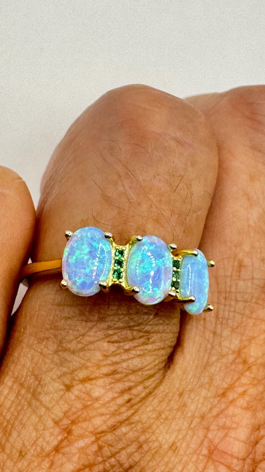 Vintage Fire Opal & Chrome Diopside Ring, 925 Sterling Silver