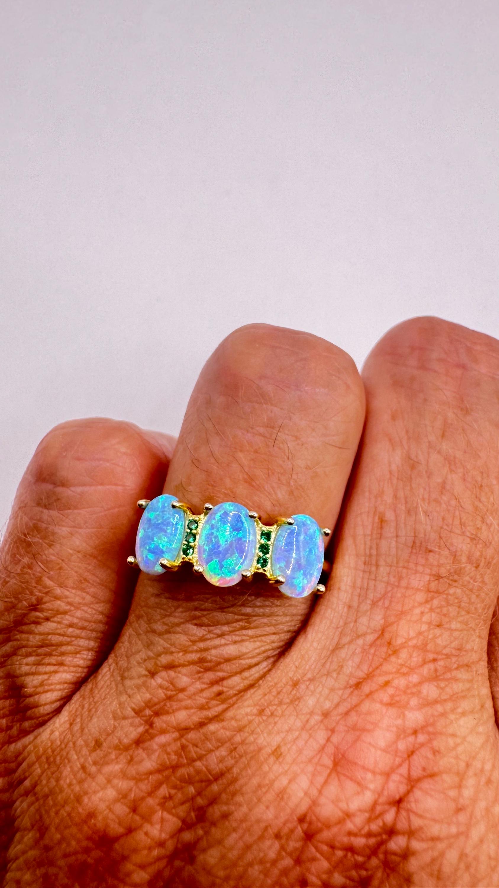 Vintage Fire Opal & Chrome Diopside Ring, 925 Sterling Silver