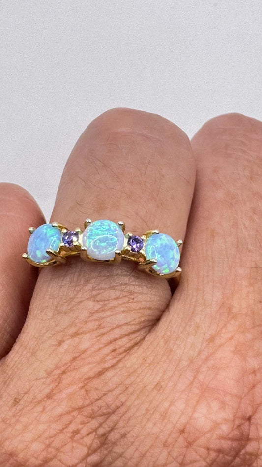 Vintage Fire Opal Green Chrome Diopside Ring Gold 925 Sterling Silver Cocktail Weddng Band Bride Something Blue